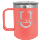 Personalized coral 15 oz vacuum insulated coffee mug with 'Monogram letter U' design