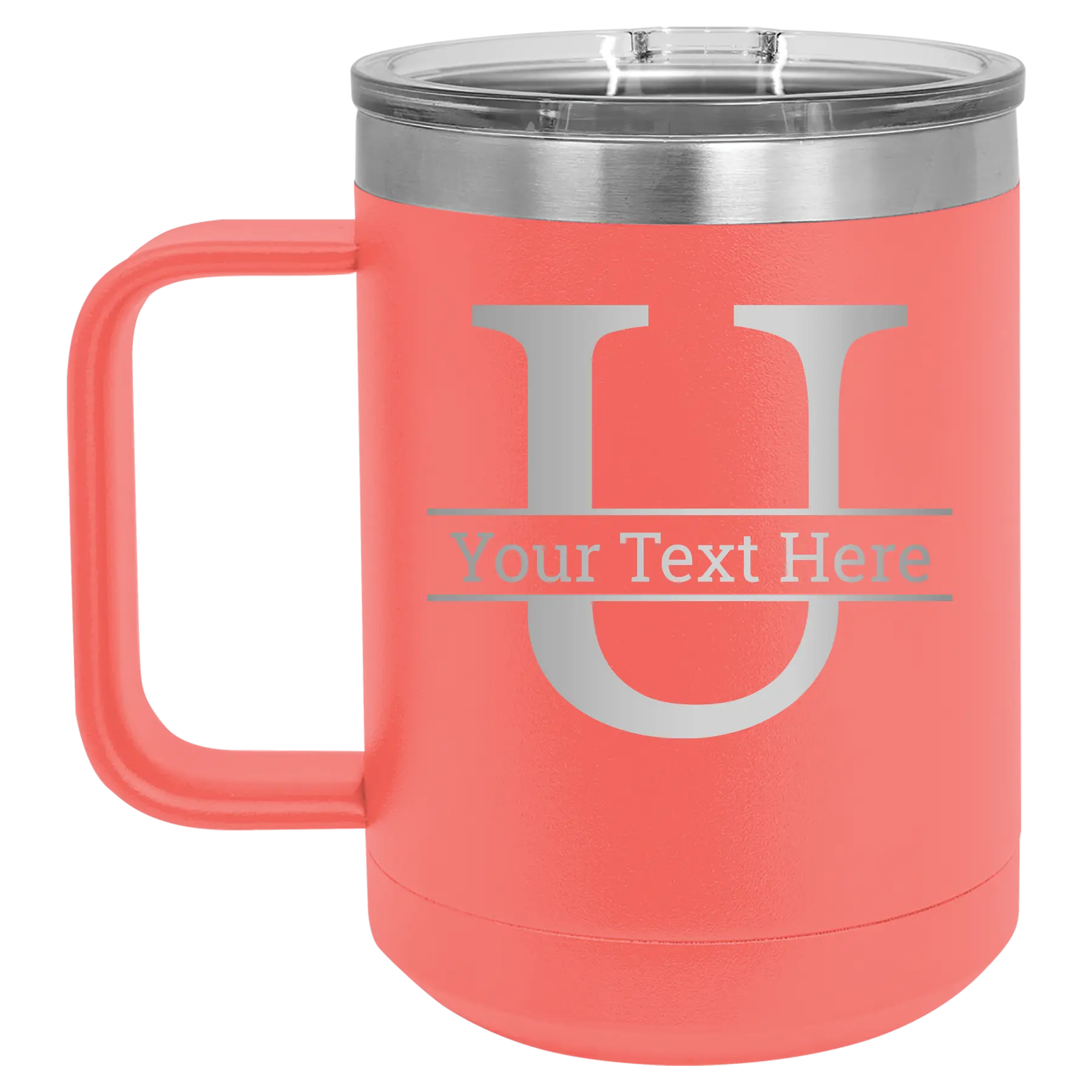 Personalized coral 15 oz vacuum insulated coffee mug with 'Monogram letter U' design