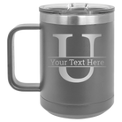 Personalized dark gray 15 oz vacuum insulated coffee mug with 'Monogram letter U' design