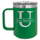 Personalized green 15 oz vacuum insulated coffee mug with 'Monogram letter U' design