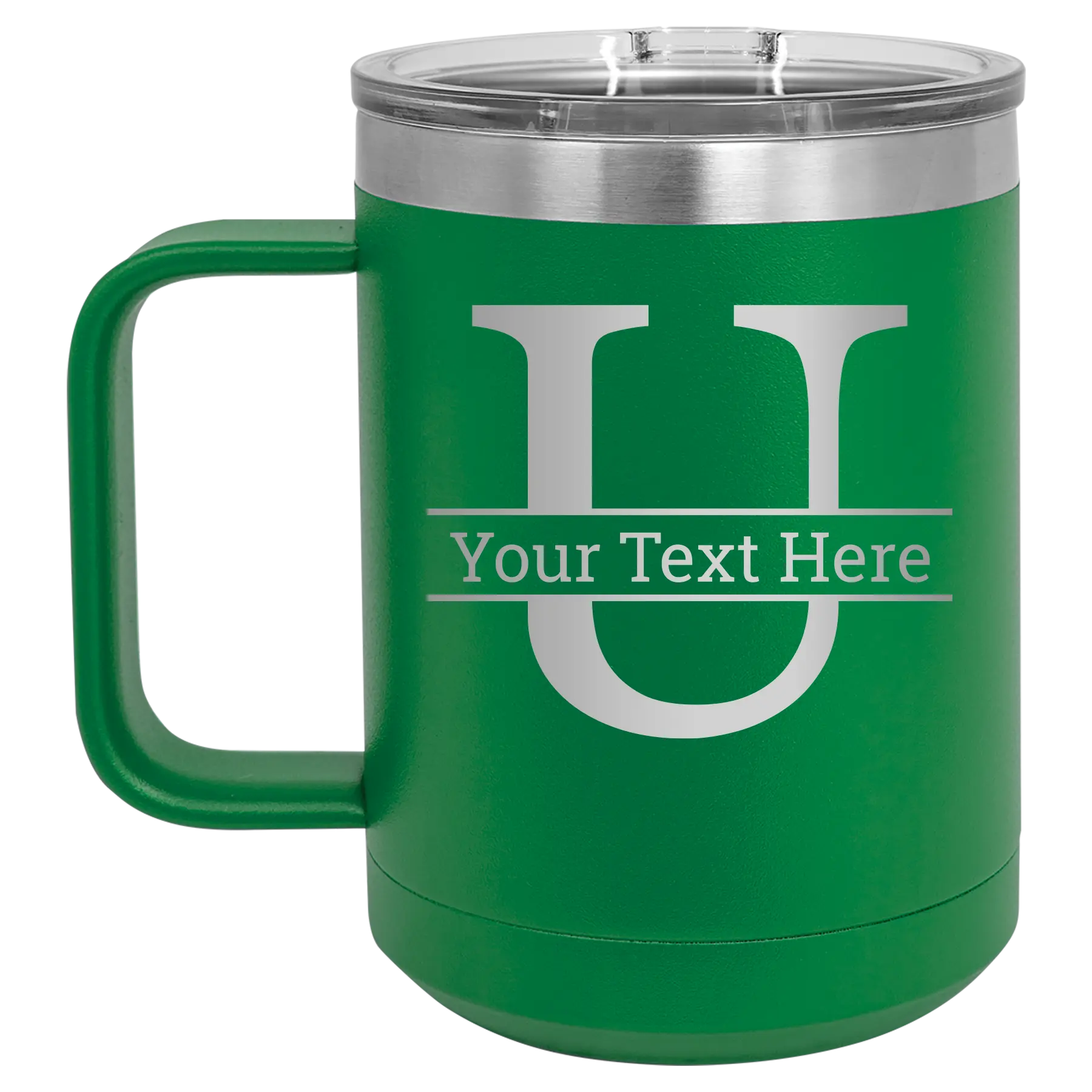 Personalized green 15 oz vacuum insulated coffee mug with 'Monogram letter U' design