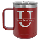Personalized maroon 15 oz vacuum insulated coffee mug with 'Monogram letter U' design