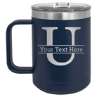 Personalized navy 15 oz vacuum insulated coffee mug with 'Monogram letter U' design