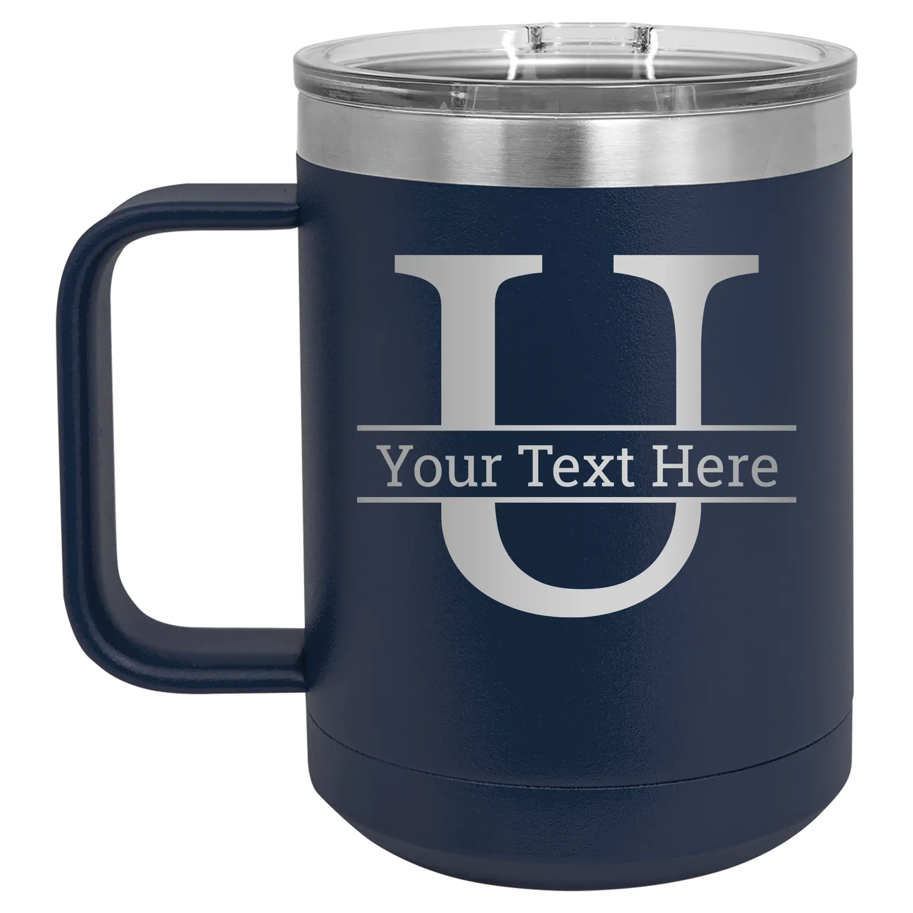 Personalized navy 15 oz vacuum insulated coffee mug with 'Monogram letter U' design