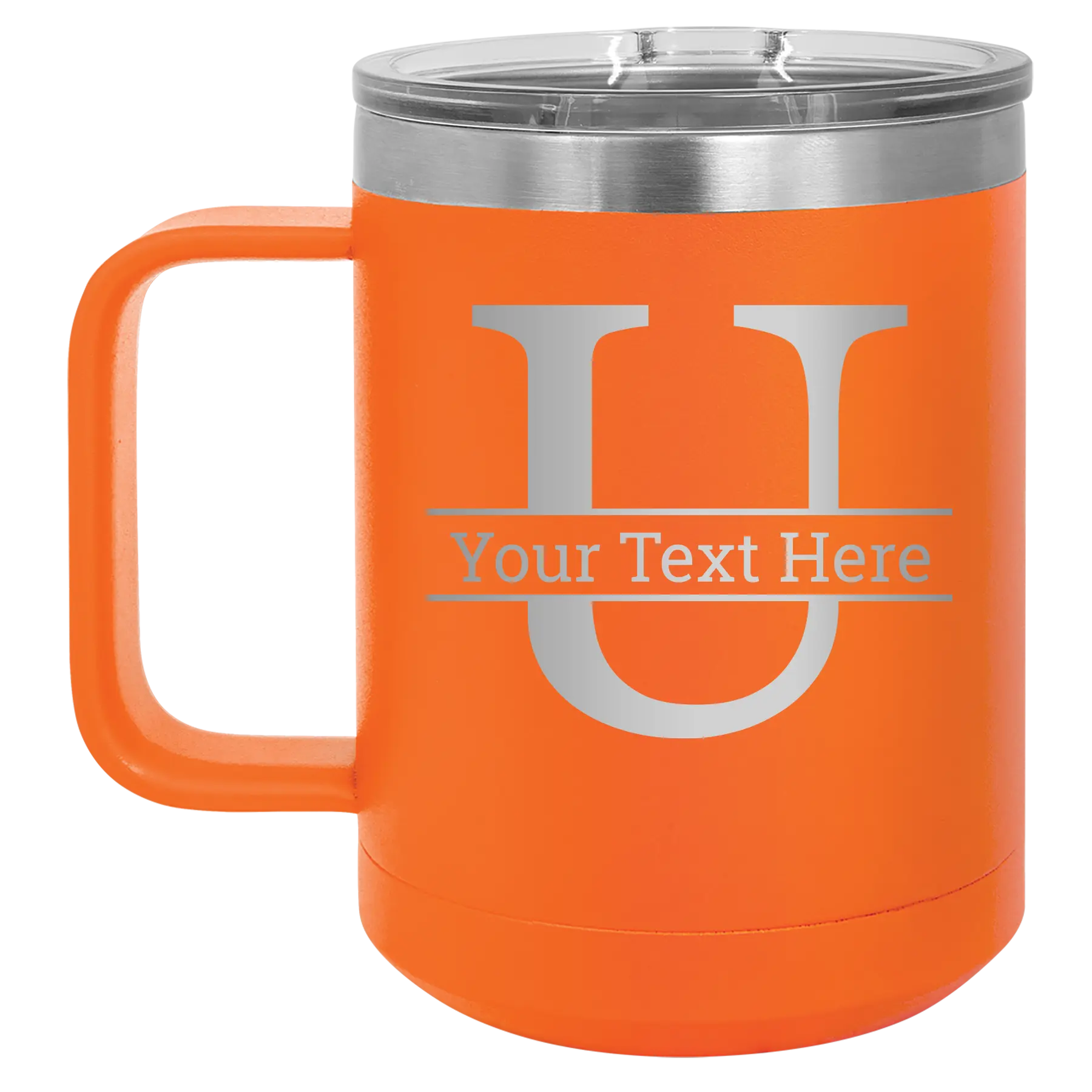 Personalized orange 15 oz vacuum insulated coffee mug with 'Monogram letter U' design
