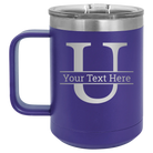 Personalized purple 15 oz vacuum insulated coffee mug with 'Monogram letter U' design
