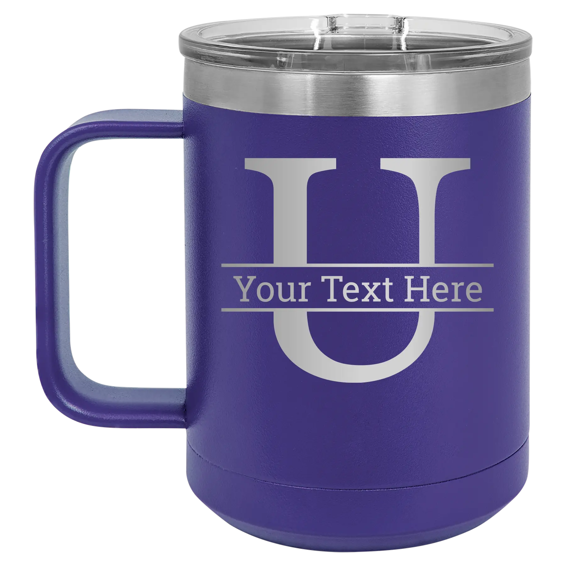 Personalized purple 15 oz vacuum insulated coffee mug with 'Monogram letter U' design