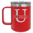 Personalized red 15 oz vacuum insulated coffee mug with 'Monogram letter U' design