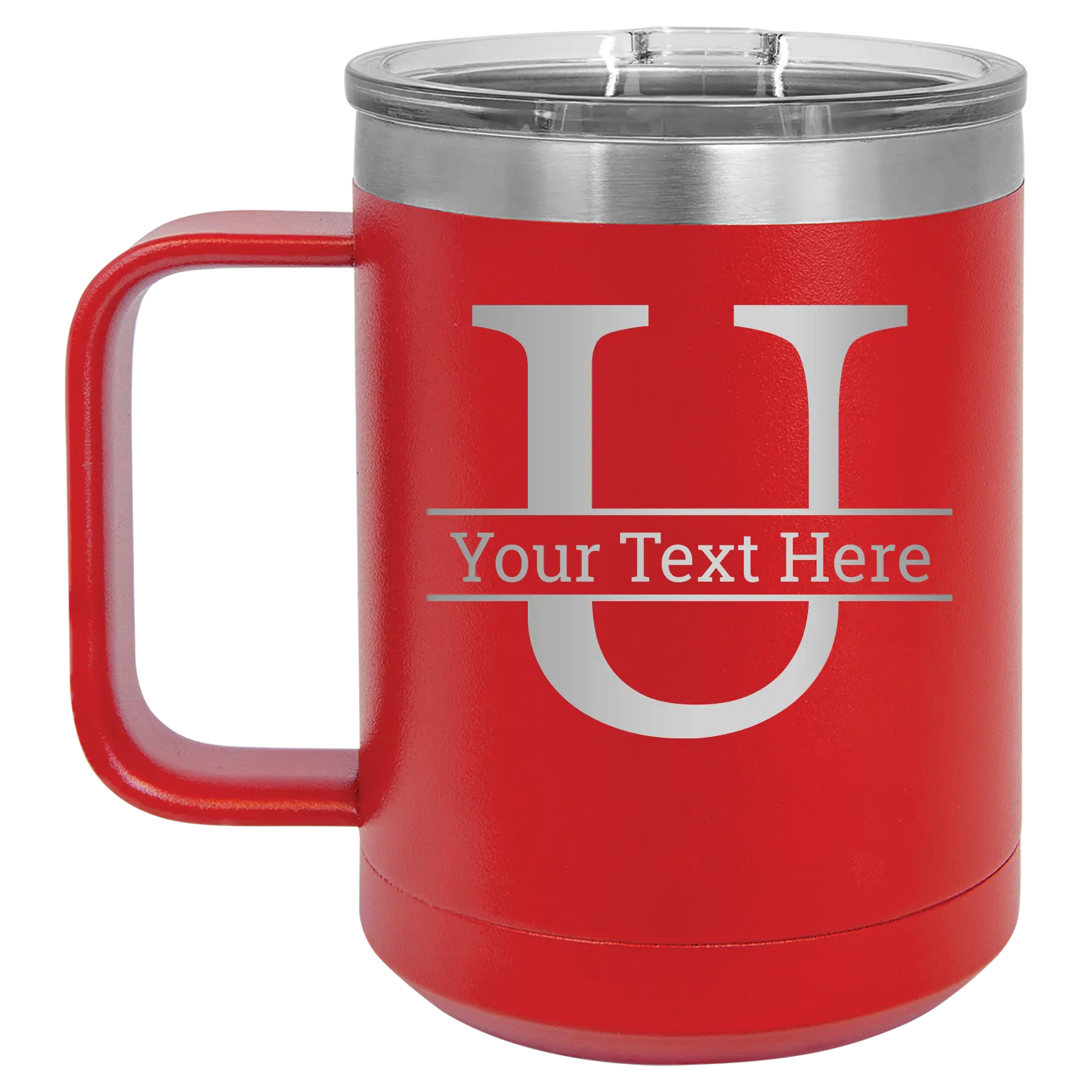 Personalized red 15 oz vacuum insulated coffee mug with 'Monogram letter U' design