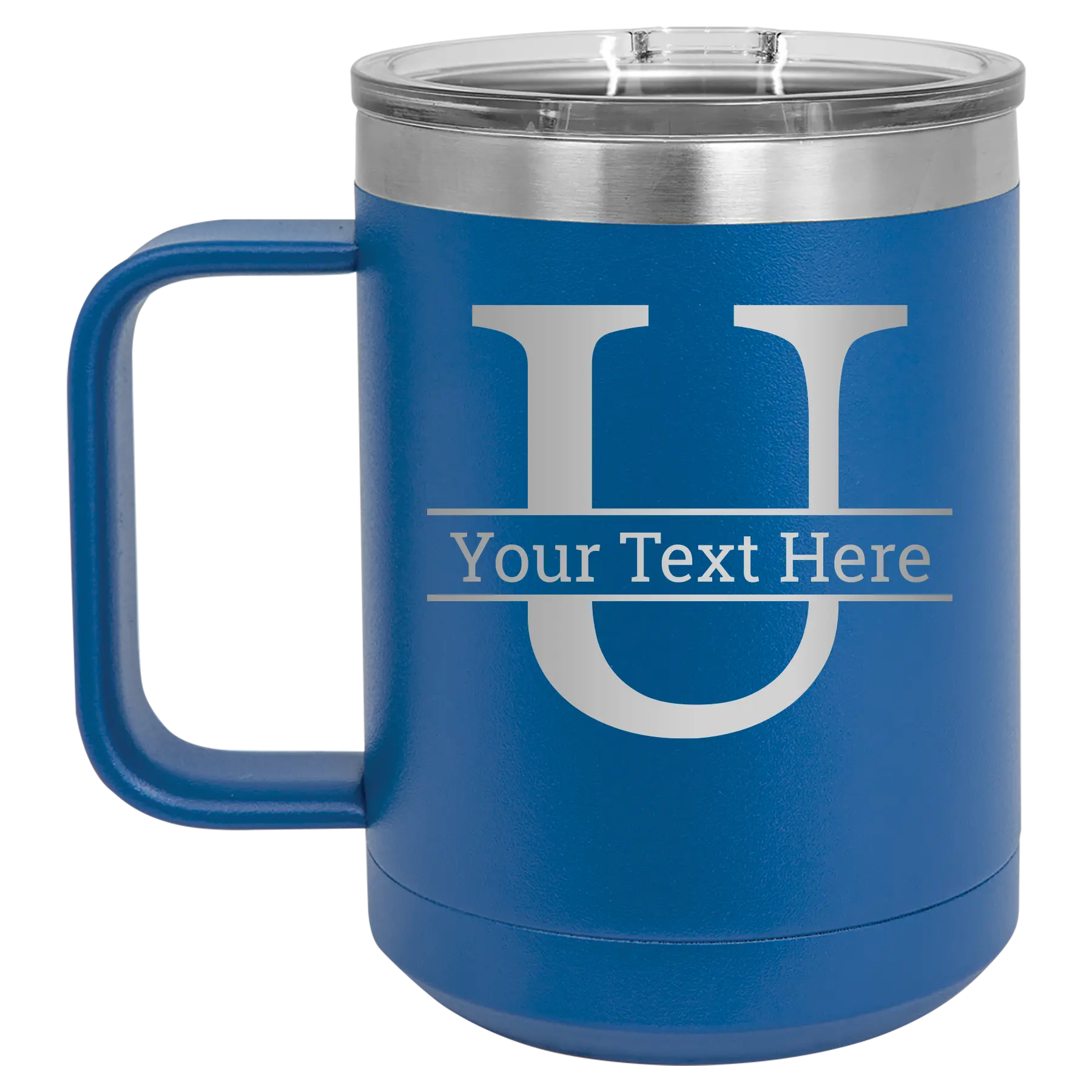 Personalized royal blue 15 oz vacuum insulated coffee mug with 'Monogram letter U' design