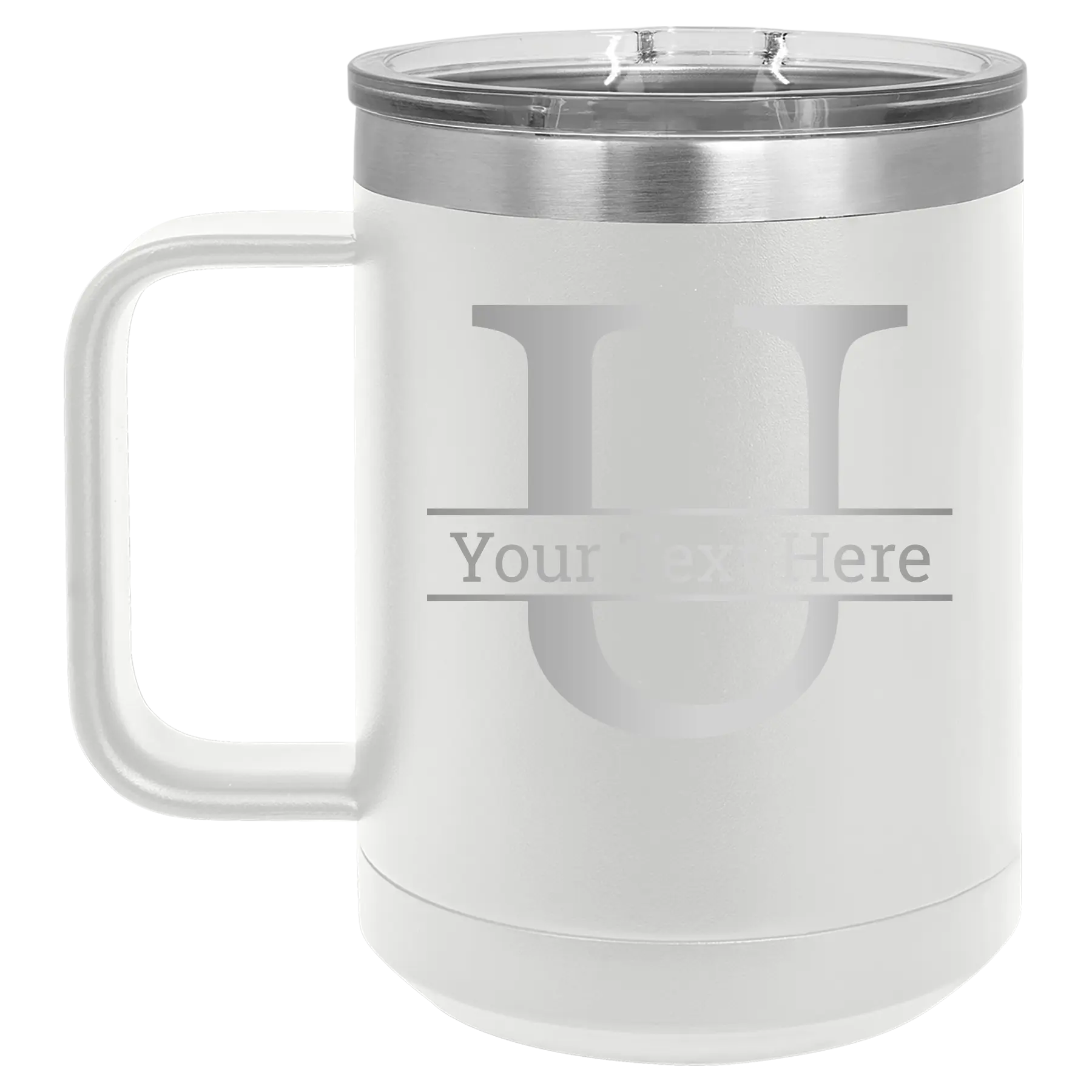 Personalized white 15 oz vacuum insulated coffee mug with 'Monogram letter U' design
