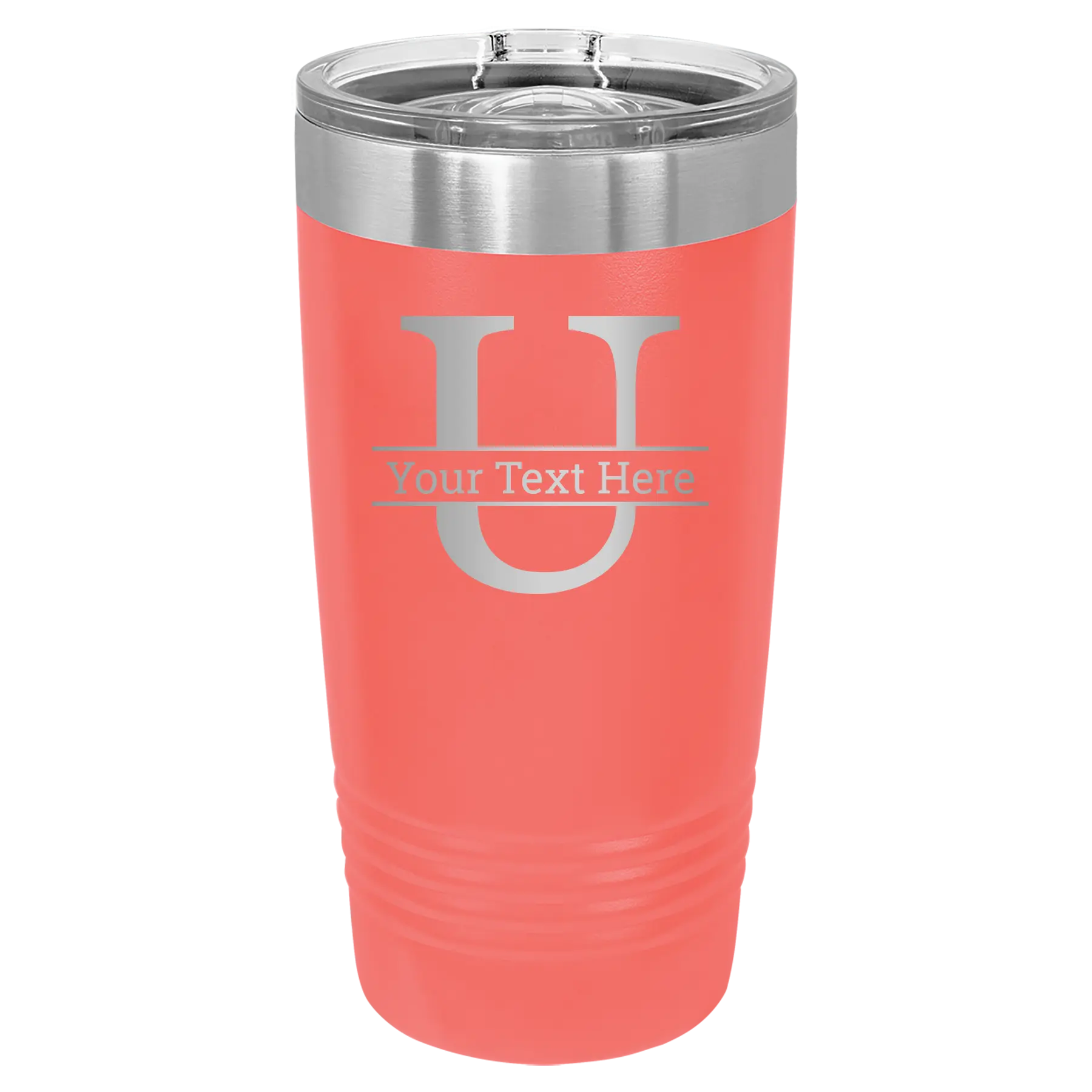 Personalized coral 20 oz vacuum insulated tumbler with 'Monogram letter U' design