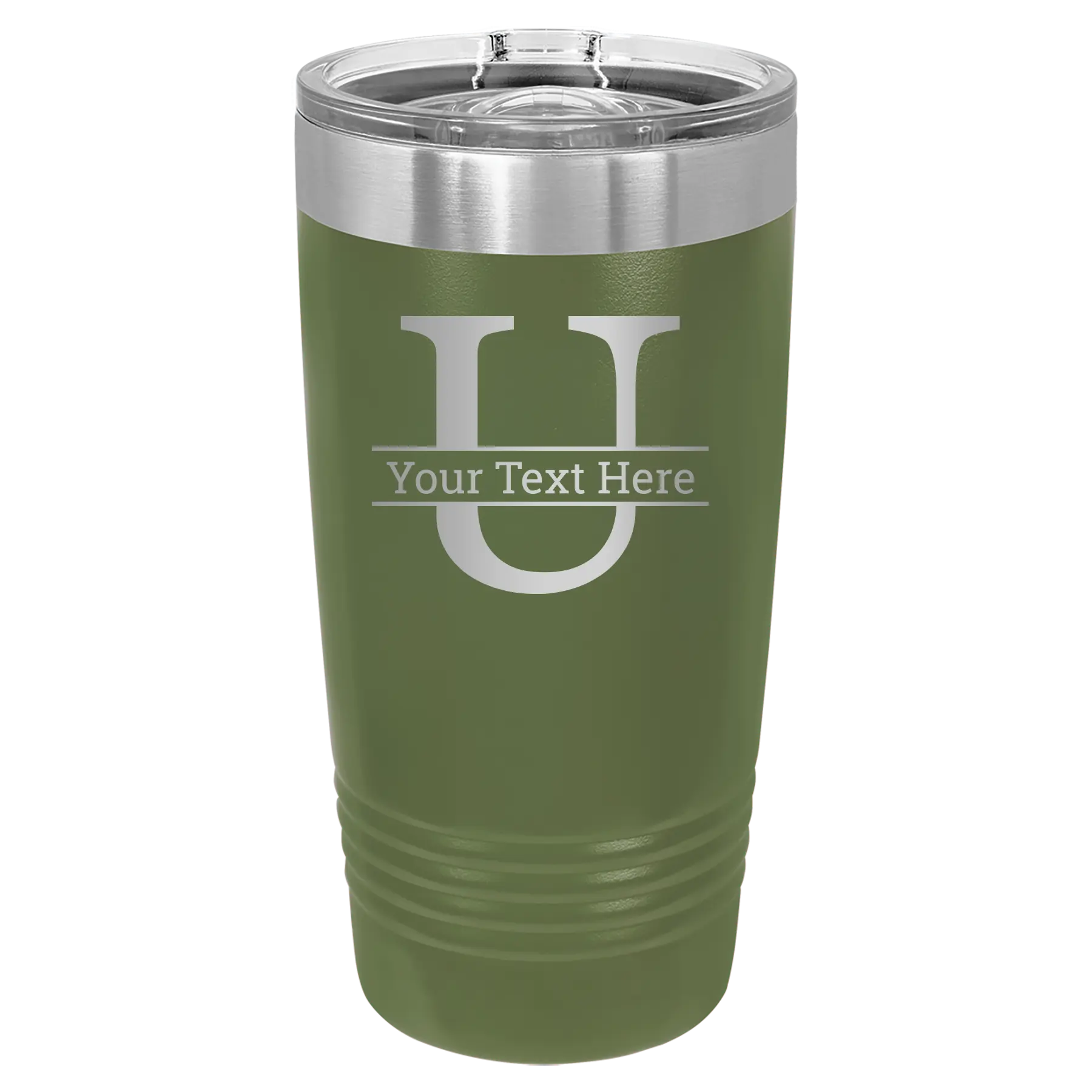 Personalized olive green 20 oz vacuum insulated tumbler with 'Monogram letter U' design
