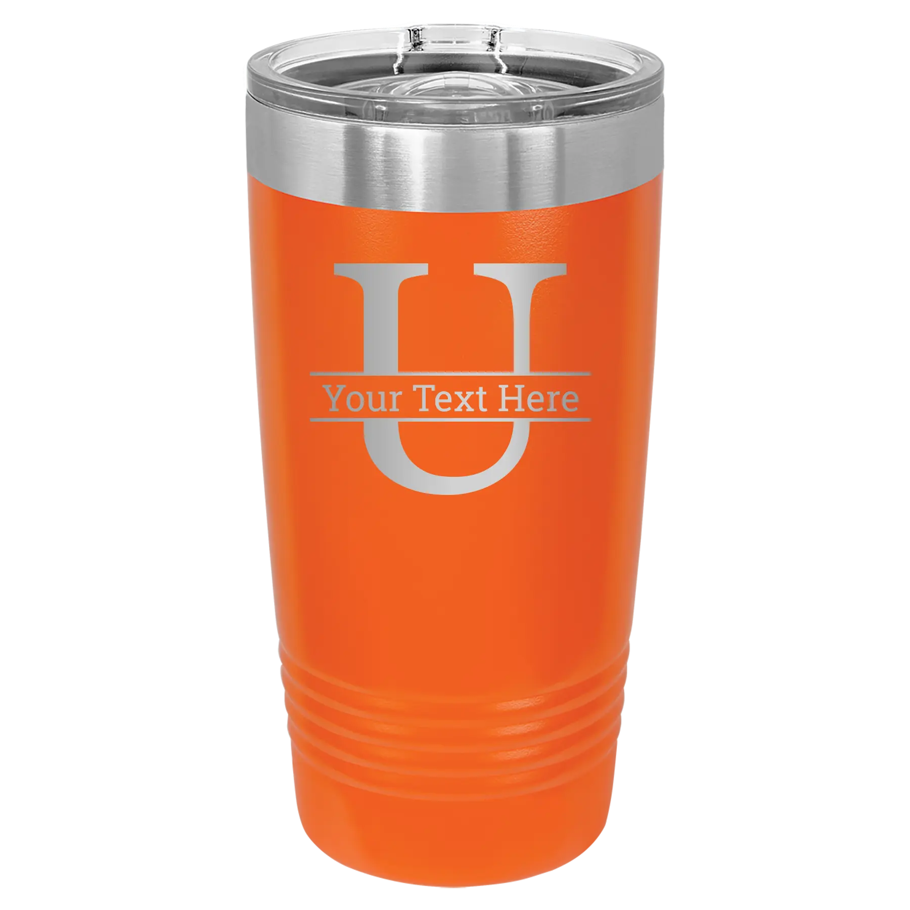 Personalized orange 20 oz vacuum insulated tumbler with 'Monogram letter U' design