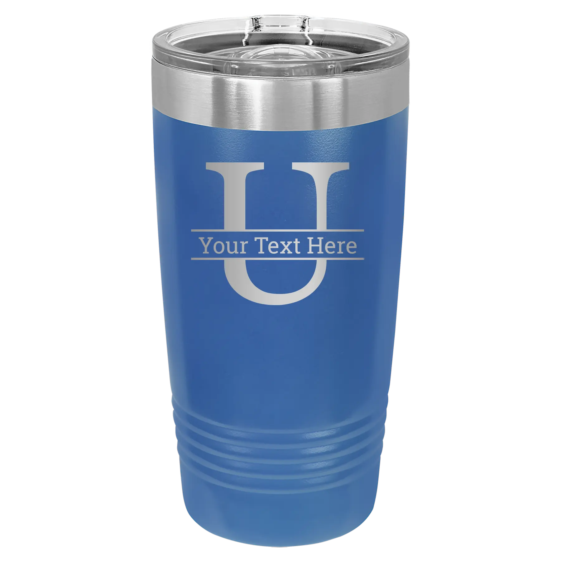 Personalized royal blue 20 oz vacuum insulated tumbler with 'Monogram letter U' design