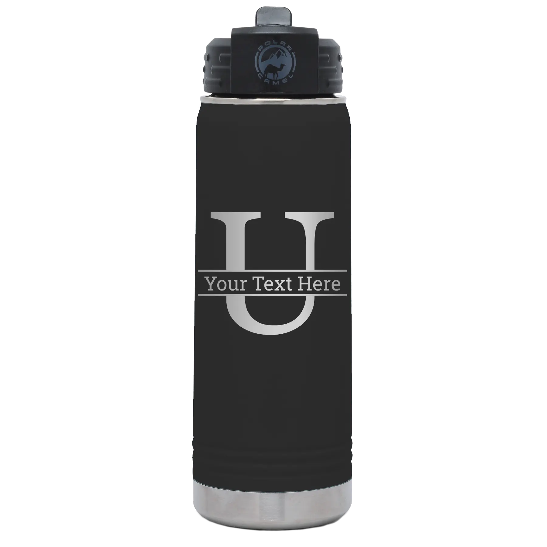 Personalized black 20 oz vacuum insulated water bottle with 'Monogram letter U' design