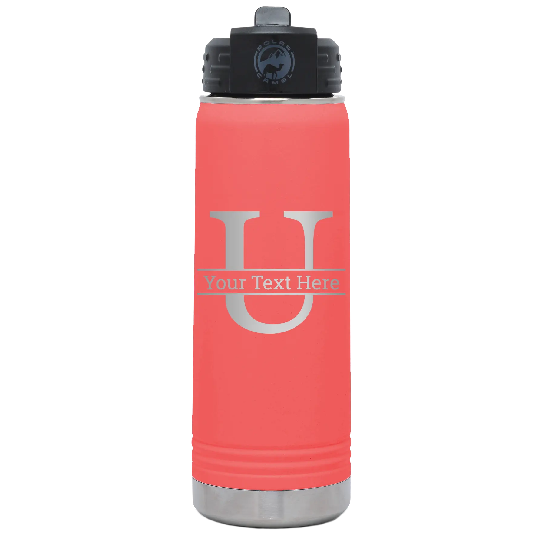 Personalized coral 20 oz vacuum insulated water bottle with 'Monogram letter U' design
