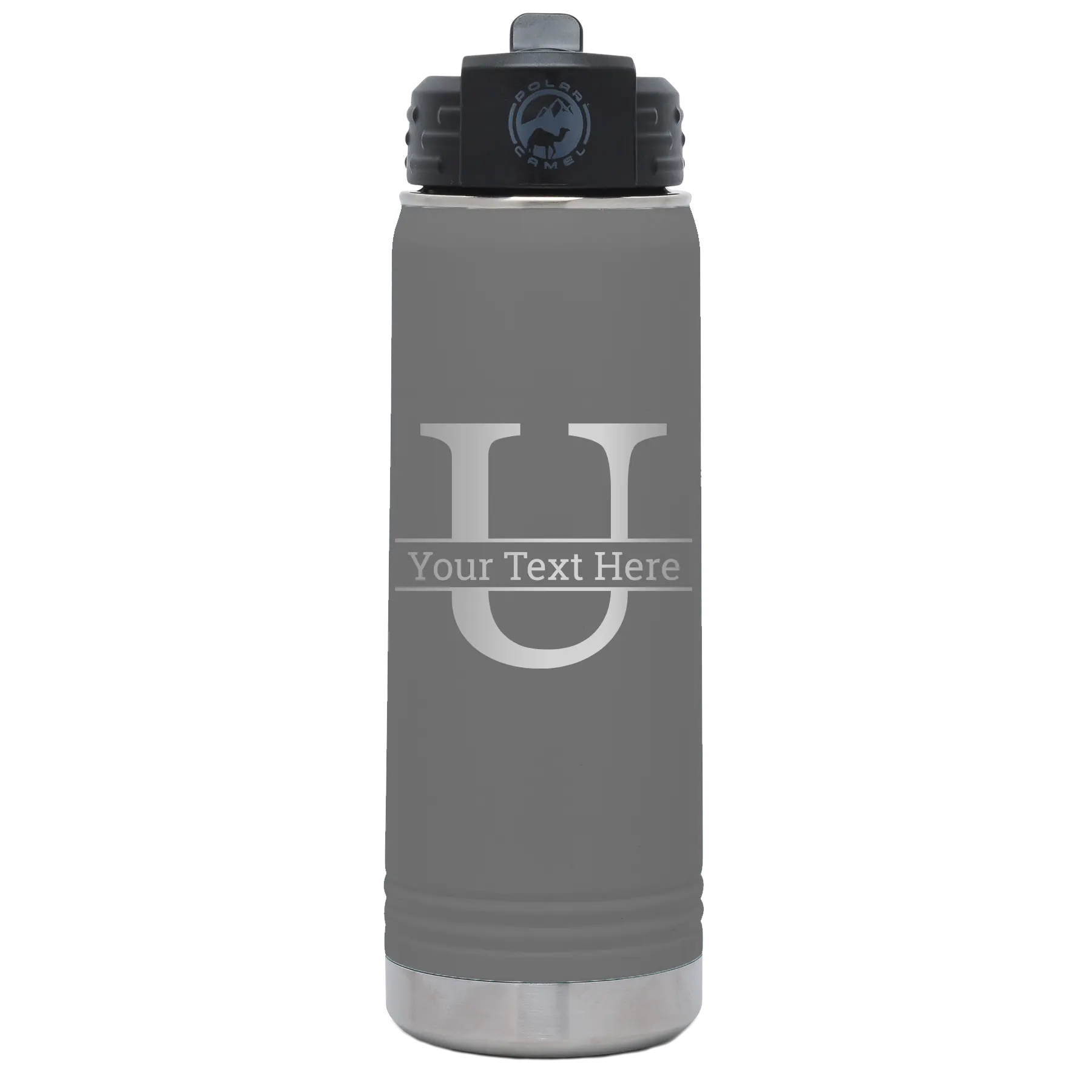 Personalized dark gray 20 oz vacuum insulated water bottle with 'Monogram letter U' design