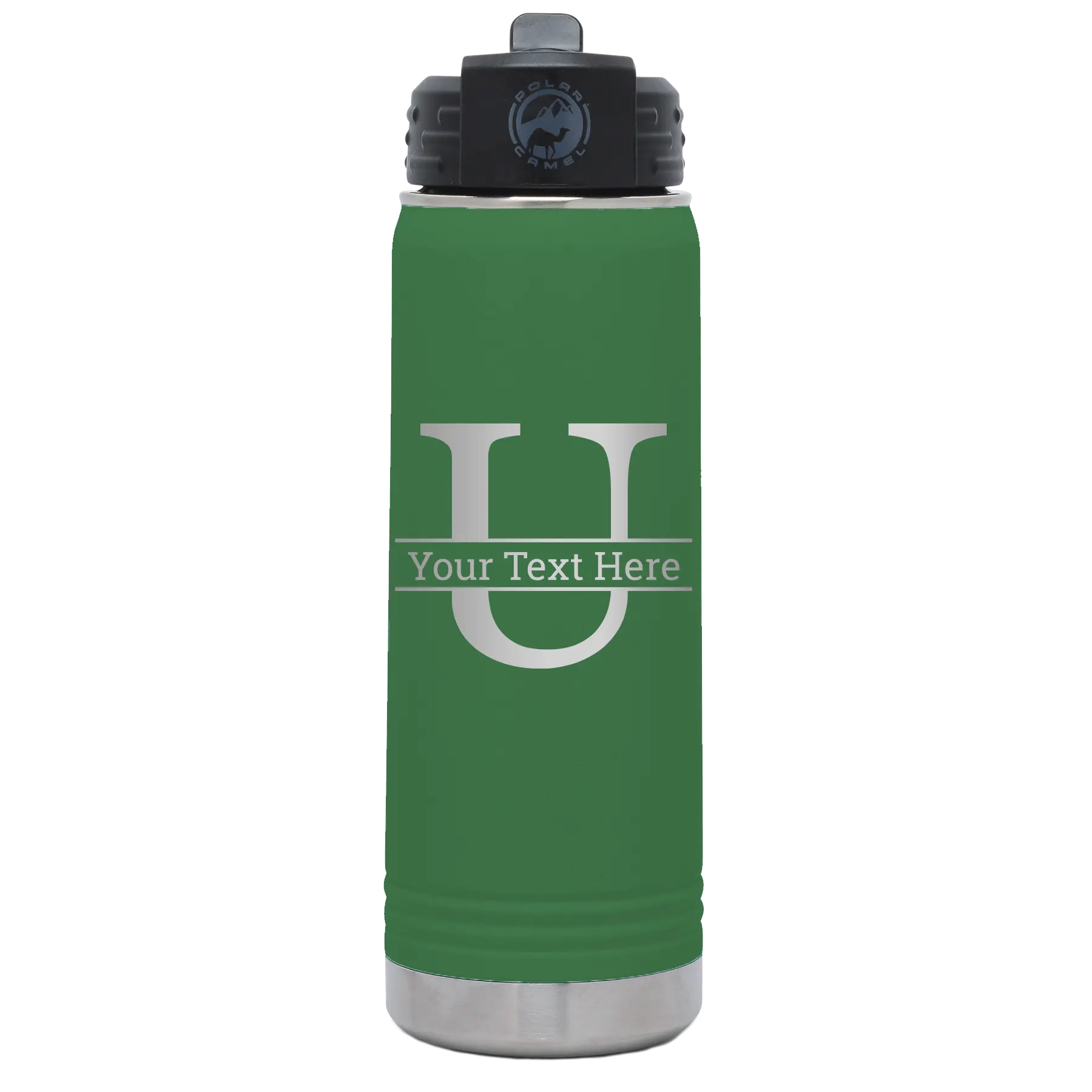 Personalized green 20 oz vacuum insulated water bottle with 'Monogram letter U' design