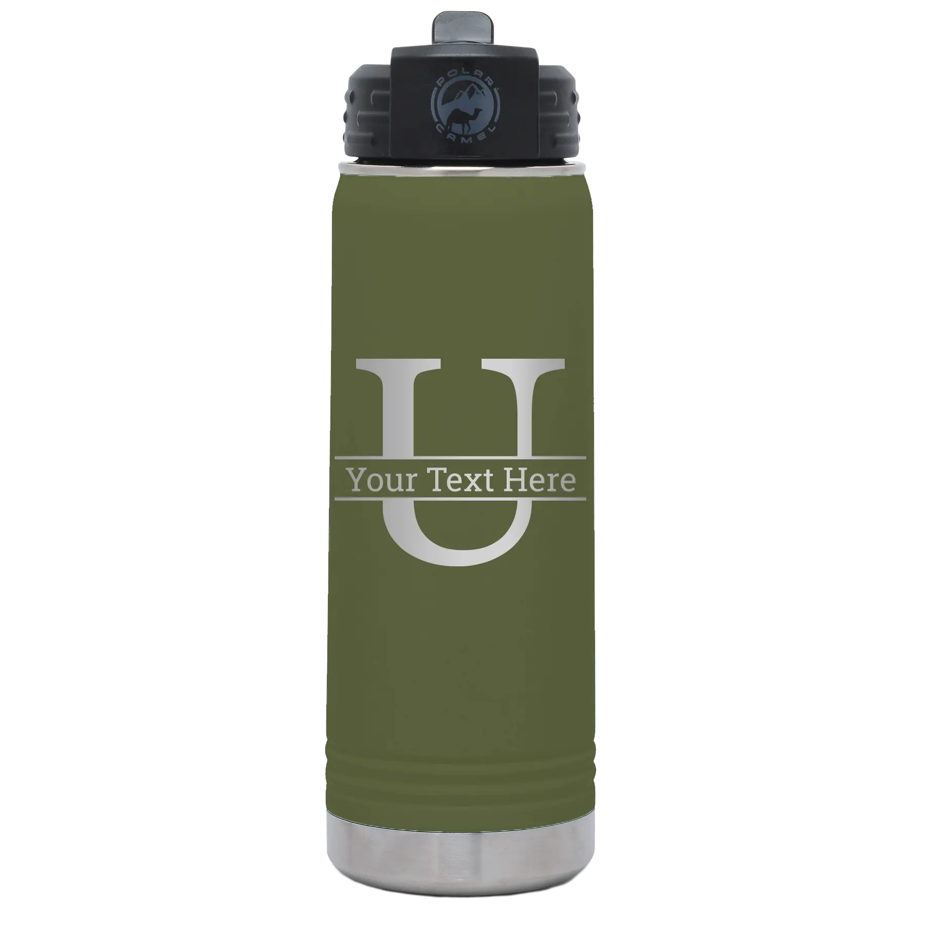 Personalized olive green 20 oz vacuum insulated water bottle with 'Monogram letter U' design