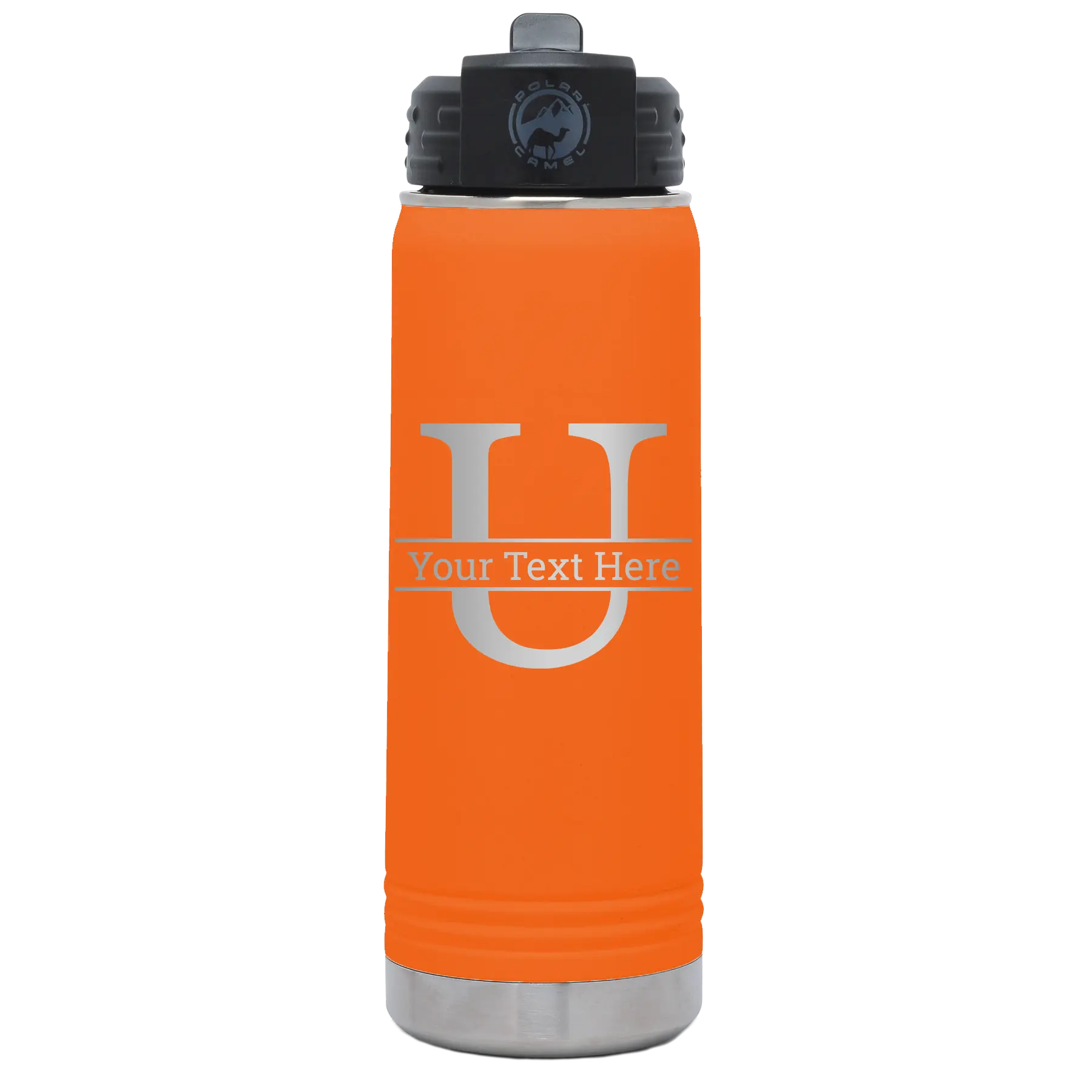Personalized orange 20 oz vacuum insulated water bottle with 'Monogram letter U' design