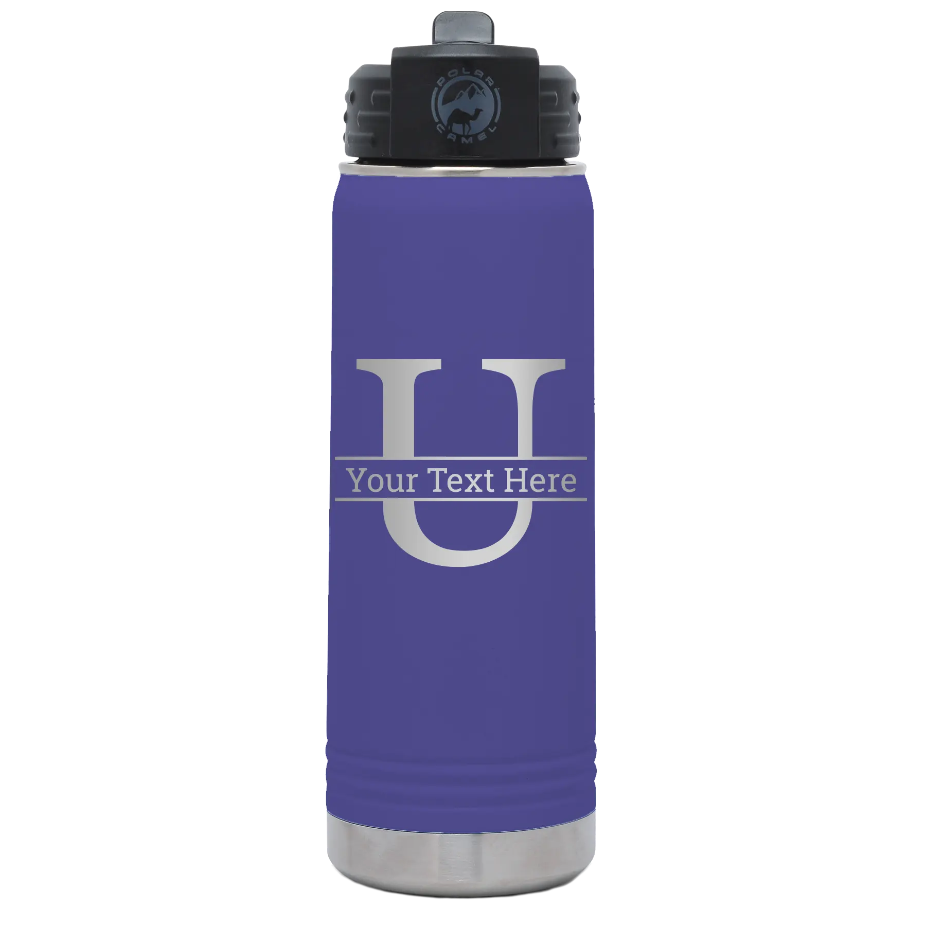 Personalized purple 20 oz vacuum insulated water bottle with 'Monogram letter U' design
