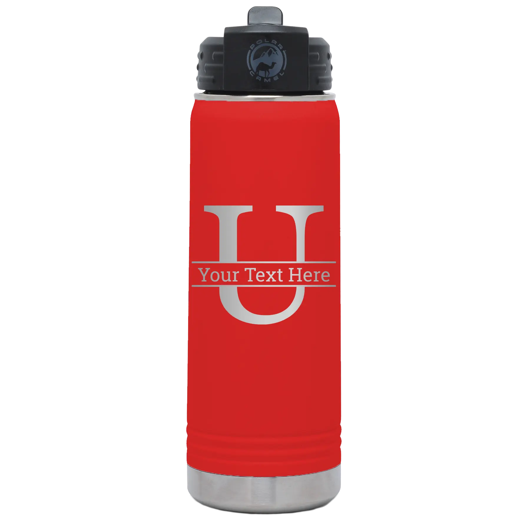 Personalized red 20 oz vacuum insulated water bottle with 'Monogram letter U' design