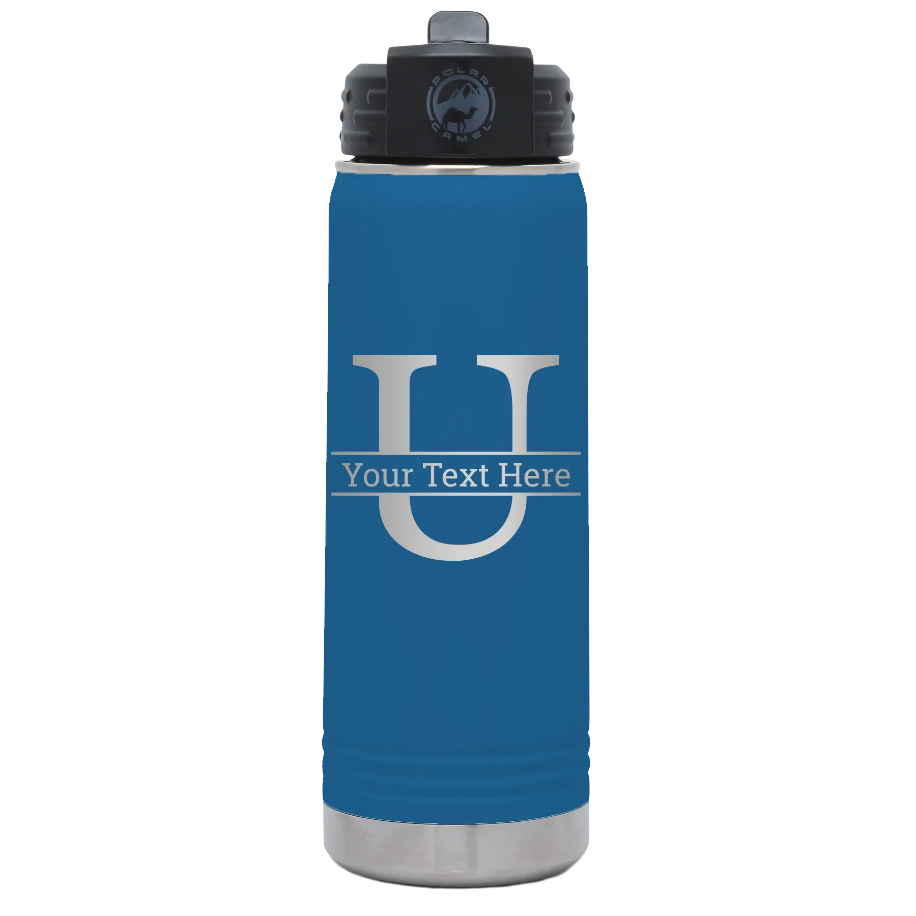 Personalized royal blue 20 oz vacuum insulated water bottle with 'Monogram letter U' design