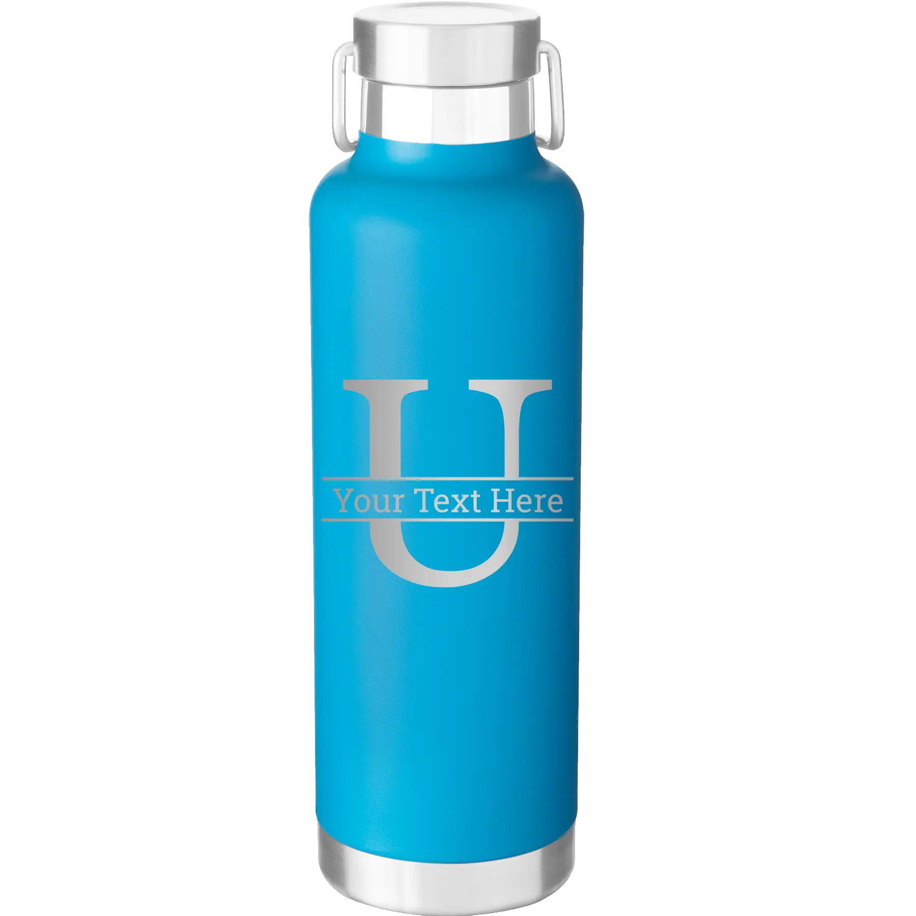Personalized aqua 24 oz vacuum insulated water bottle with 'Monogram letter U' design