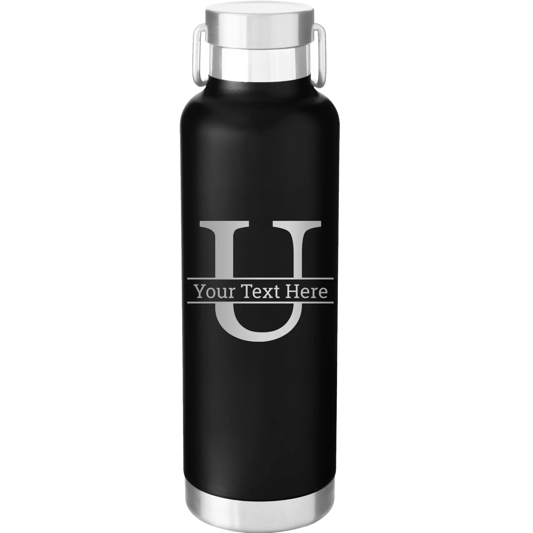 Personalized black 24 oz vacuum insulated water bottle with 'Monogram letter U' design