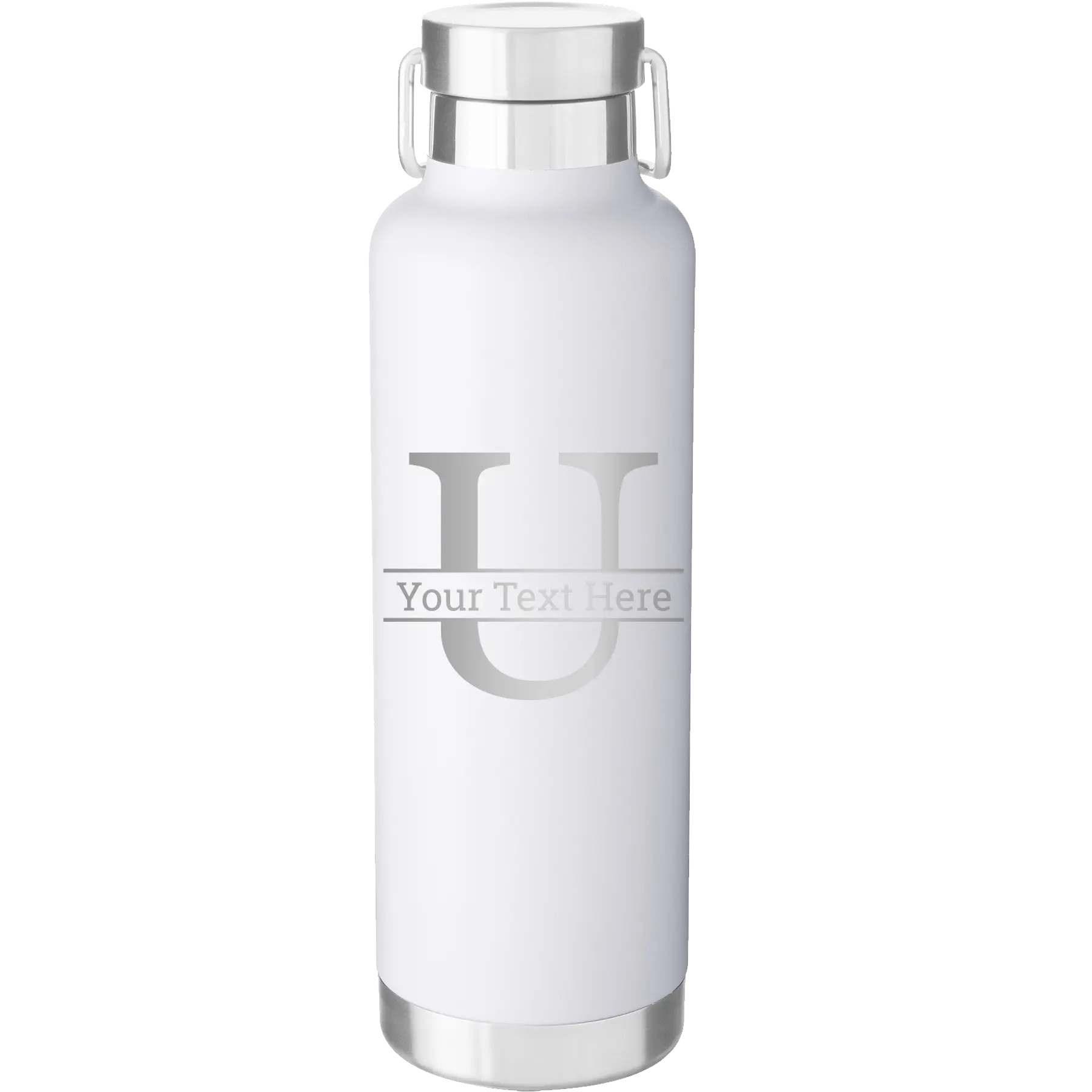 Personalized white 24 oz vacuum insulated water bottle with 'Monogram letter U' design