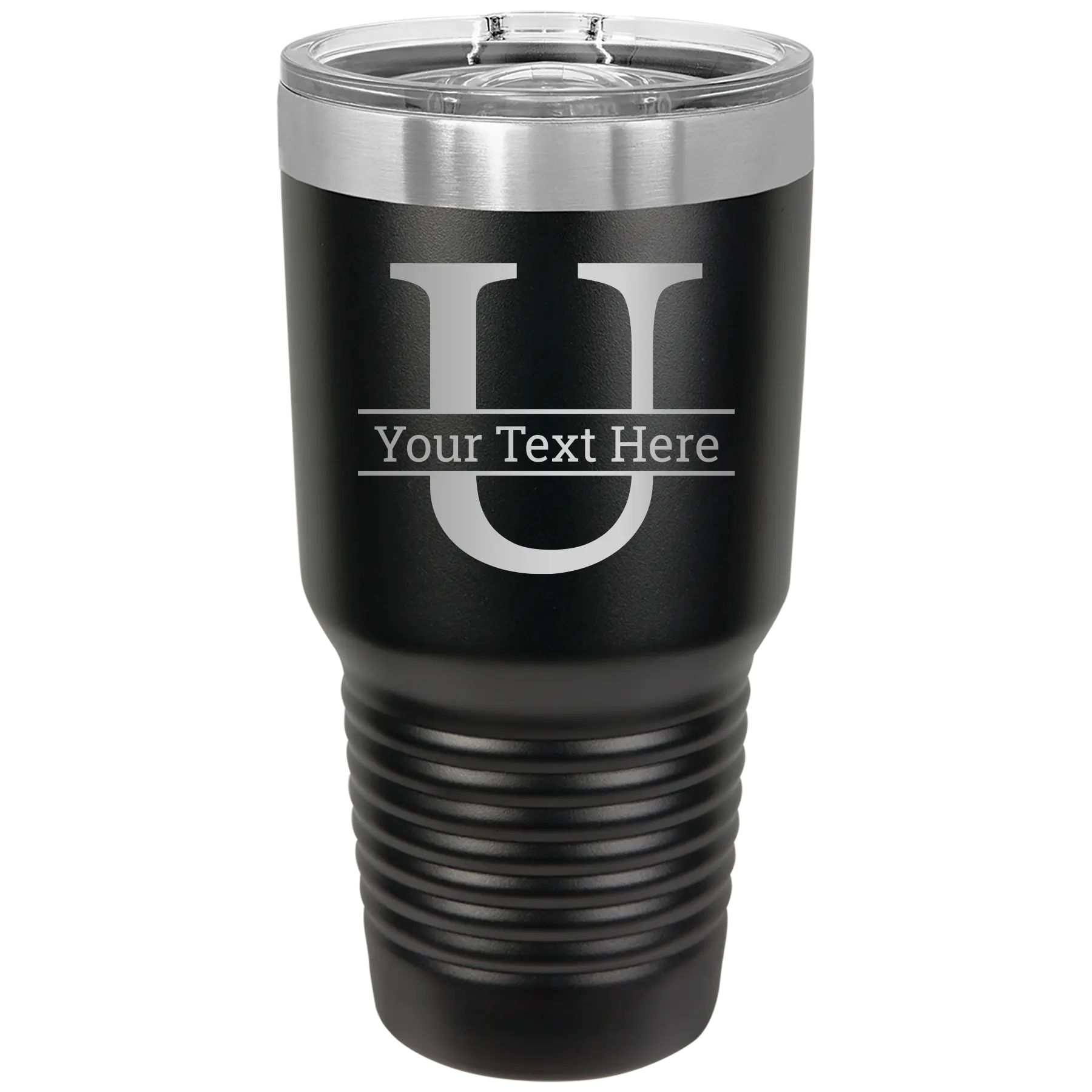 Personalized black 30 oz vacuum insulated tumbler with 'Monogram letter U' design