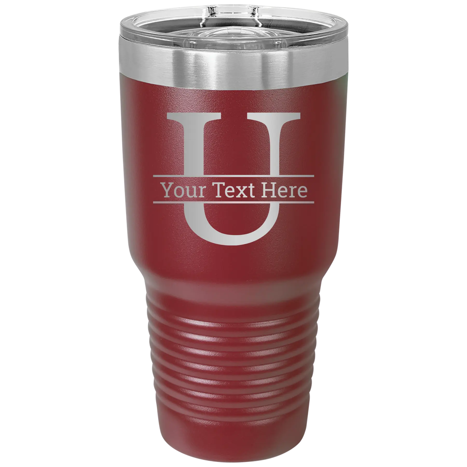 Personalized maroon 30 oz vacuum insulated tumbler with 'Monogram letter U' design