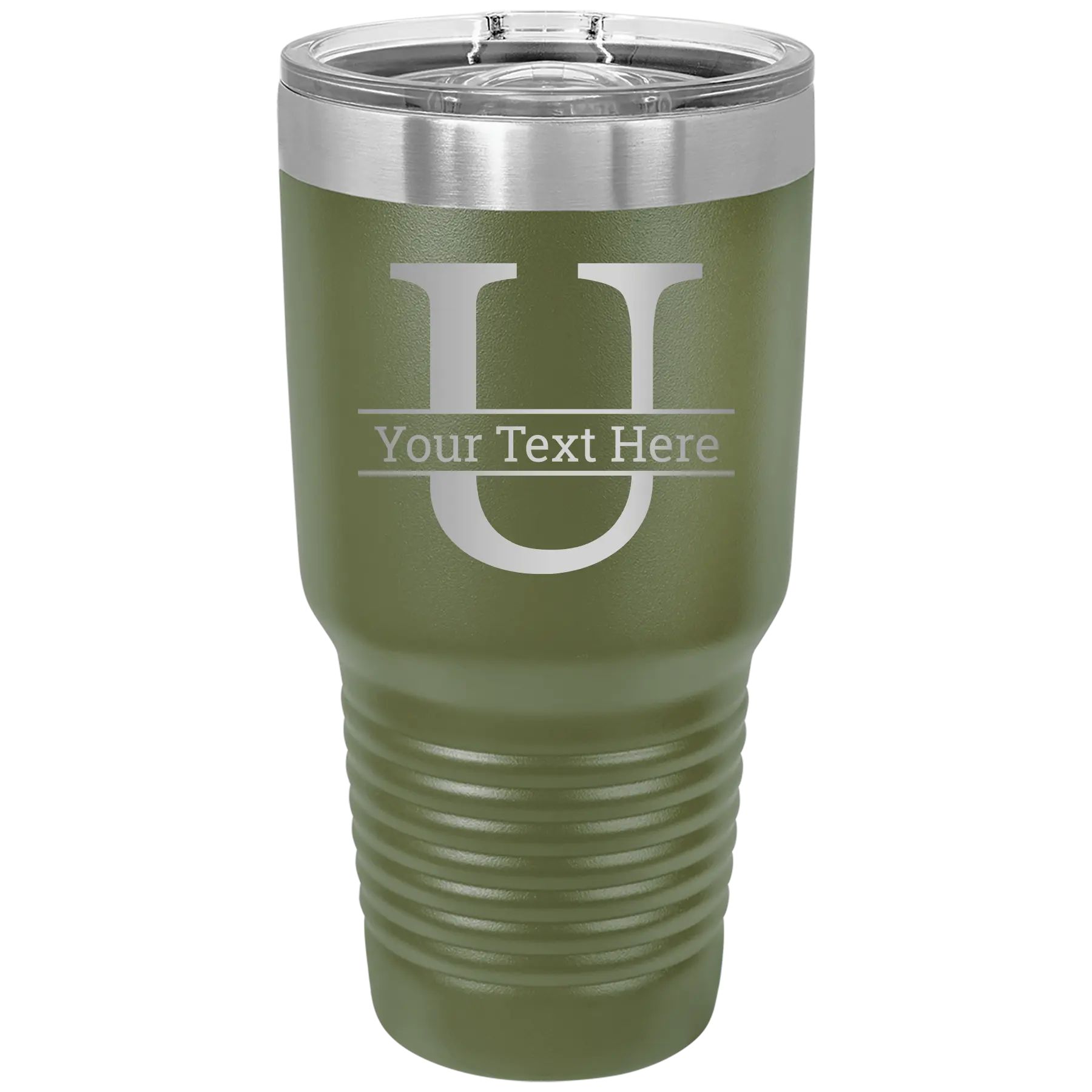 Personalized olive green 30 oz vacuum insulated tumbler with 'Monogram letter U' design