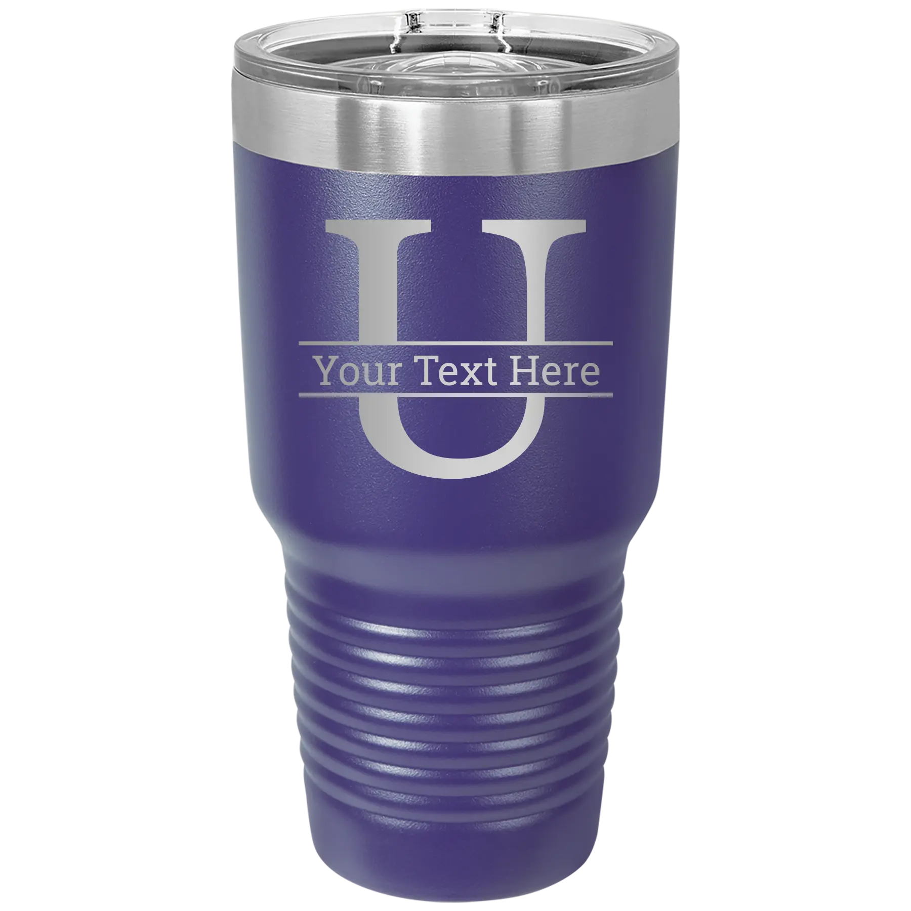 Personalized purple 30 oz vacuum insulated tumbler with 'Monogram letter U' design