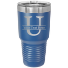 Personalized royal blue 30 oz vacuum insulated tumbler with 'Monogram letter U' design