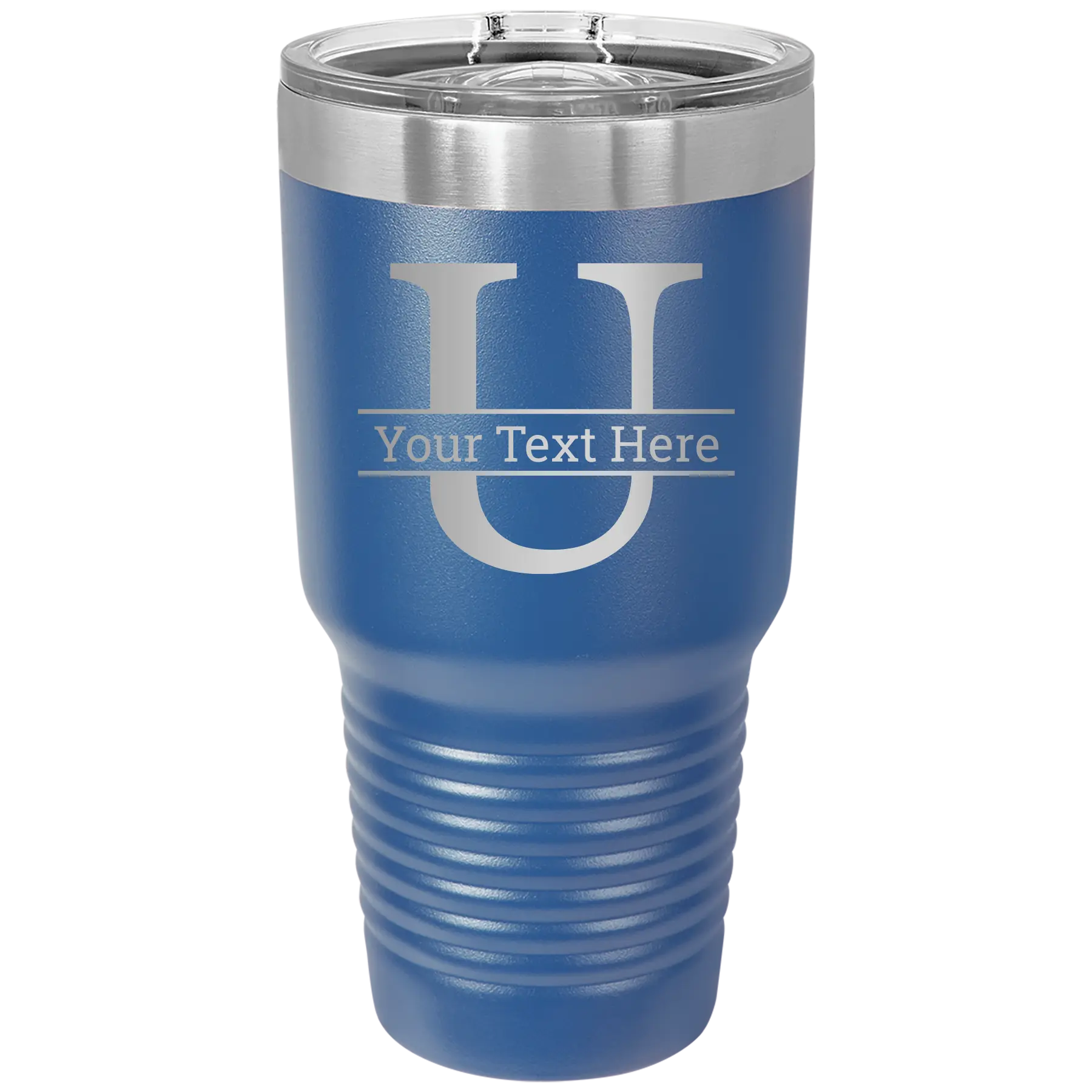 Personalized royal blue 30 oz vacuum insulated tumbler with 'Monogram letter U' design