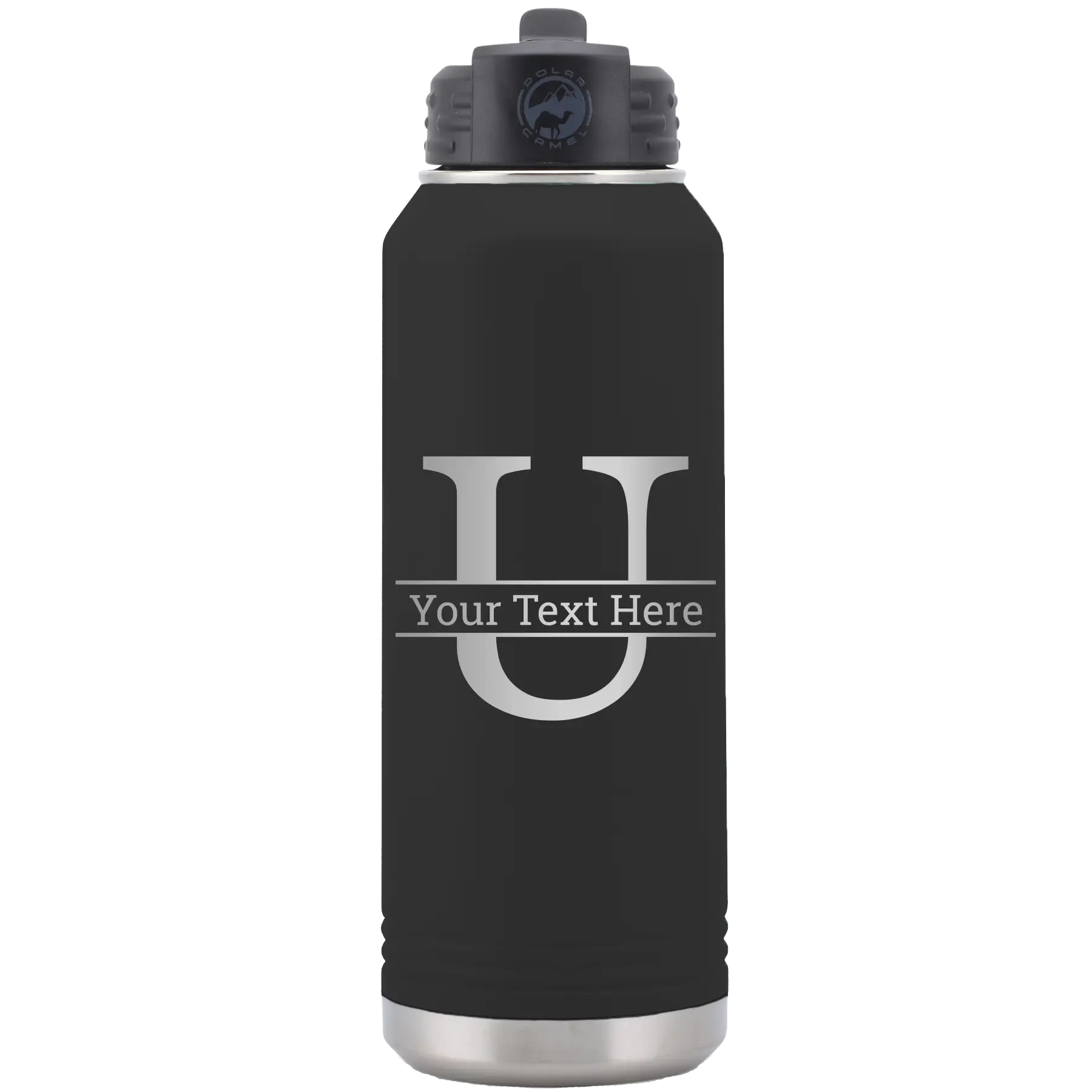 Personalized black 32 oz vacuum insulated water bottle with 'Monogram letter U' design