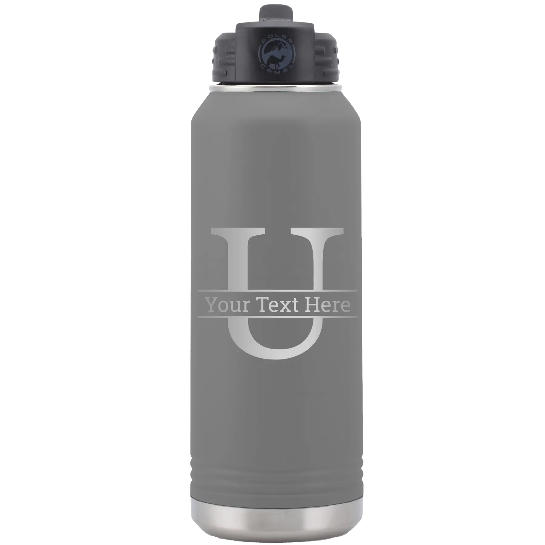 Personalized dark gray 32 oz vacuum insulated water bottle with 'Monogram letter U' design