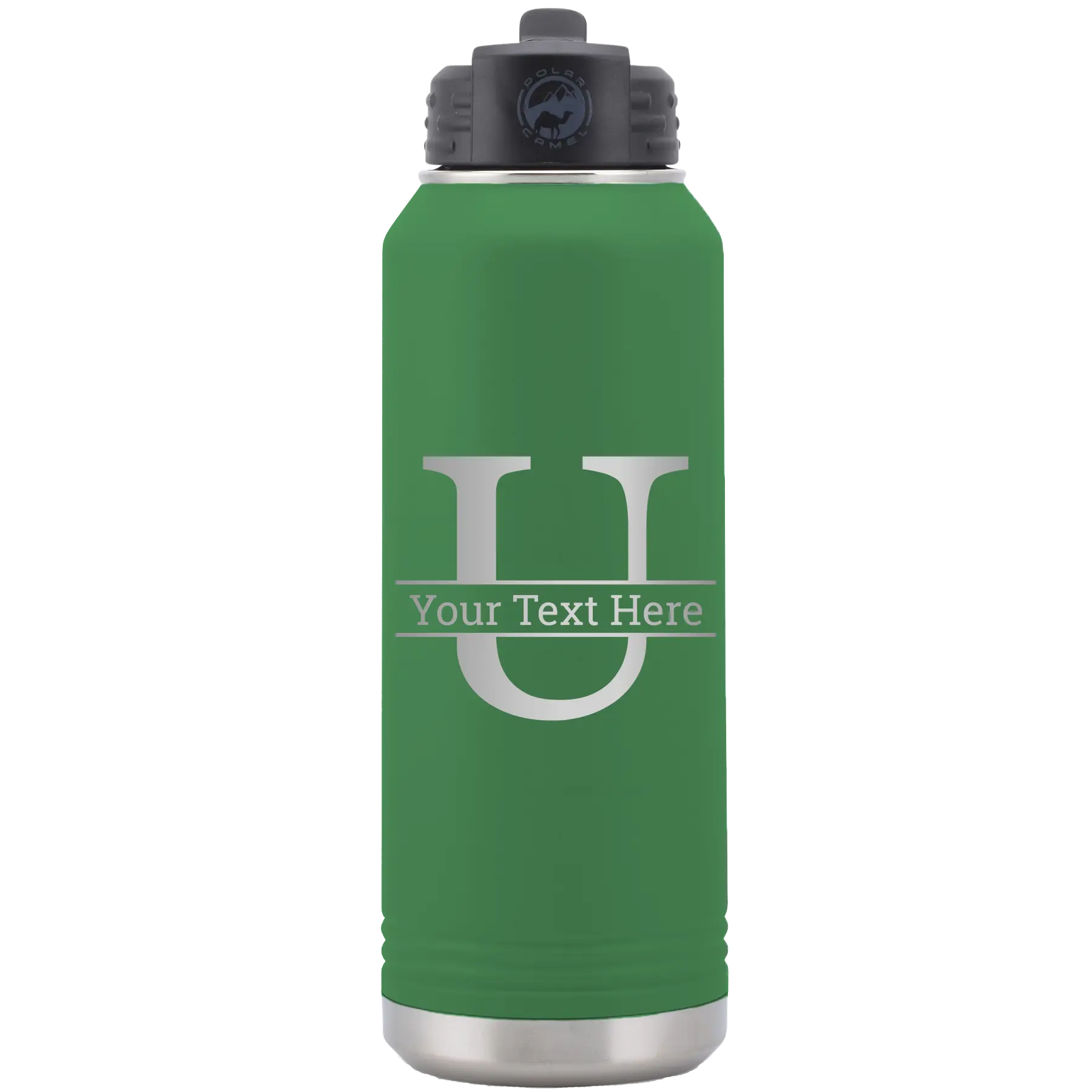 Personalized green 32 oz vacuum insulated water bottle with 'Monogram letter U' design