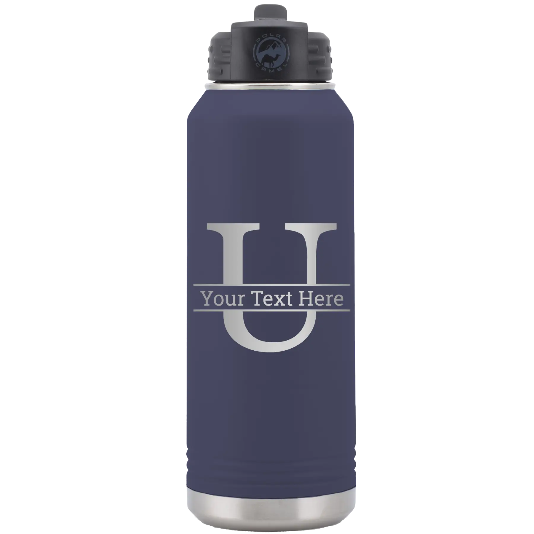 Personalized navy 32 oz vacuum insulated water bottle with 'Monogram letter U' design