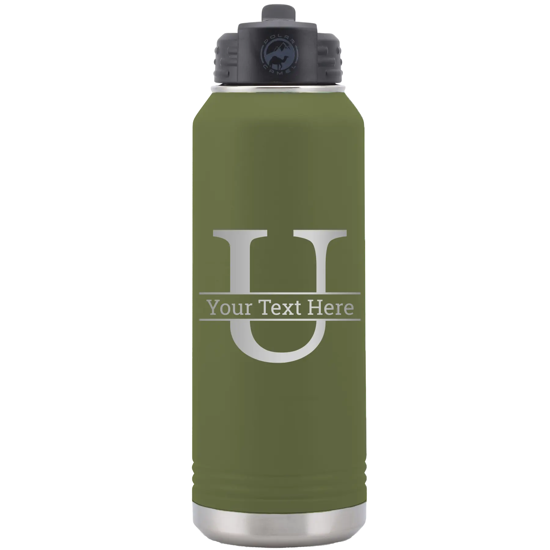 Personalized olive green 32 oz vacuum insulated water bottle with 'Monogram letter U' design