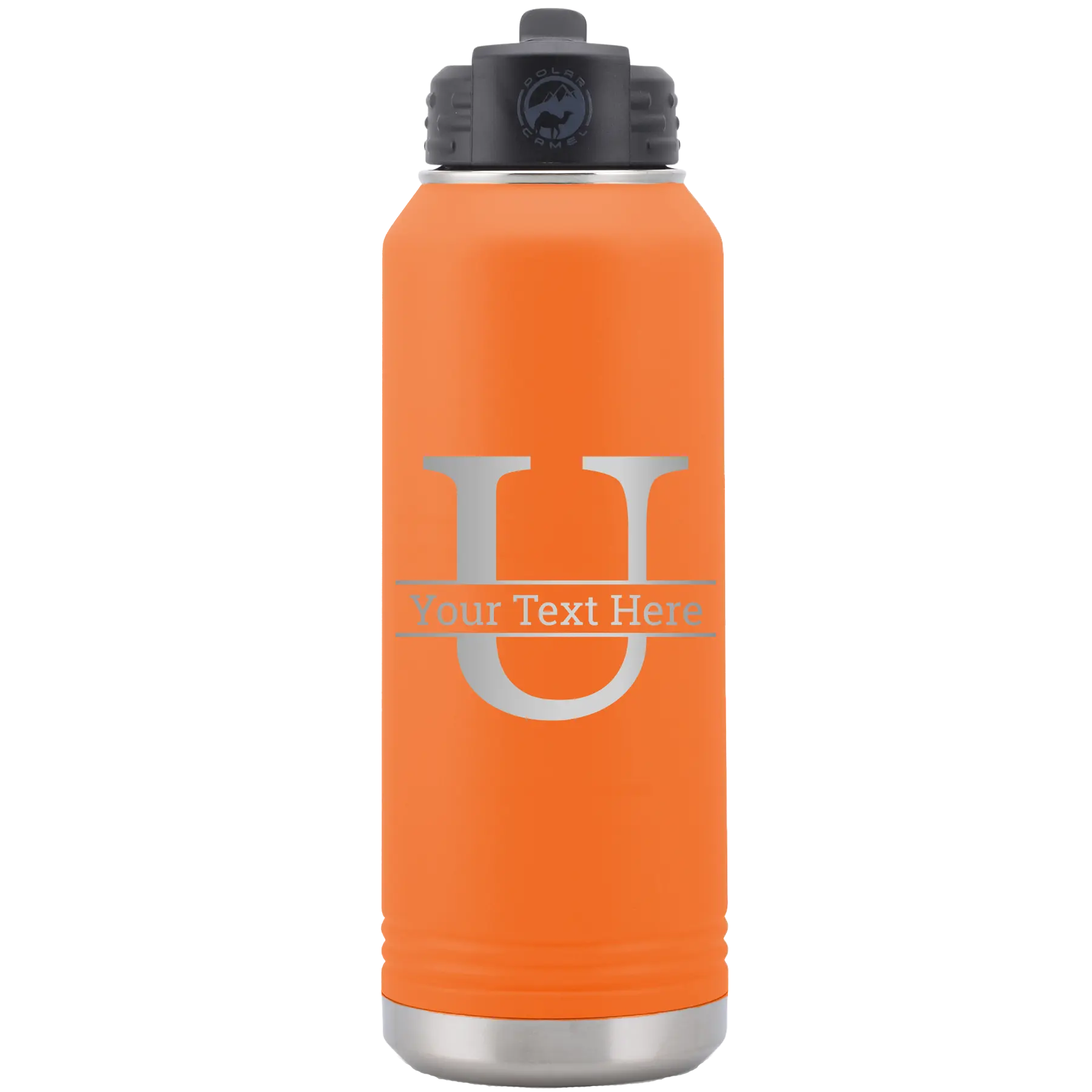 Personalized orange 32 oz vacuum insulated water bottle with 'Monogram letter U' design