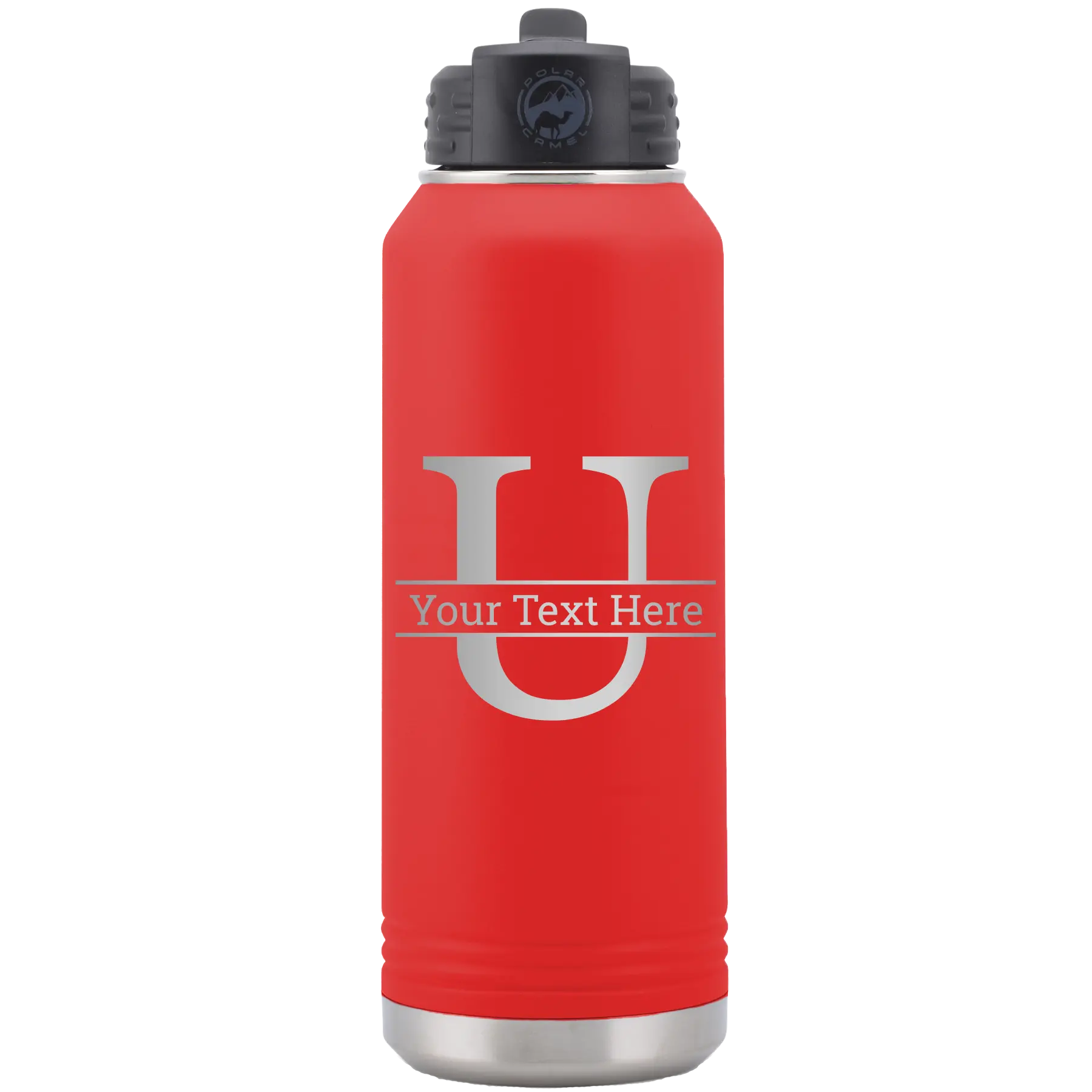 Personalized red 32 oz vacuum insulated water bottle with 'Monogram letter U' design