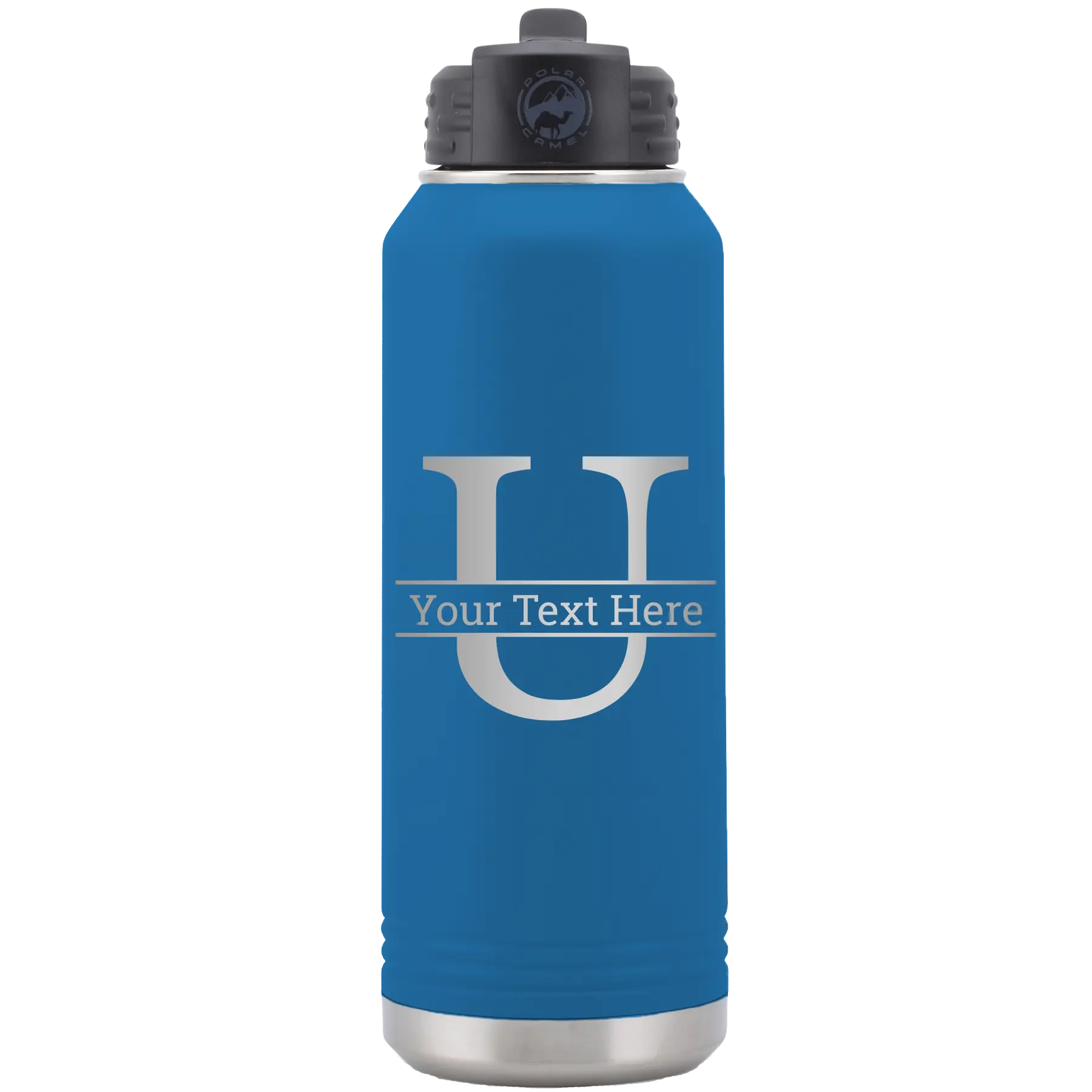 Personalized royal blue 32 oz vacuum insulated water bottle with 'Monogram letter U' design
