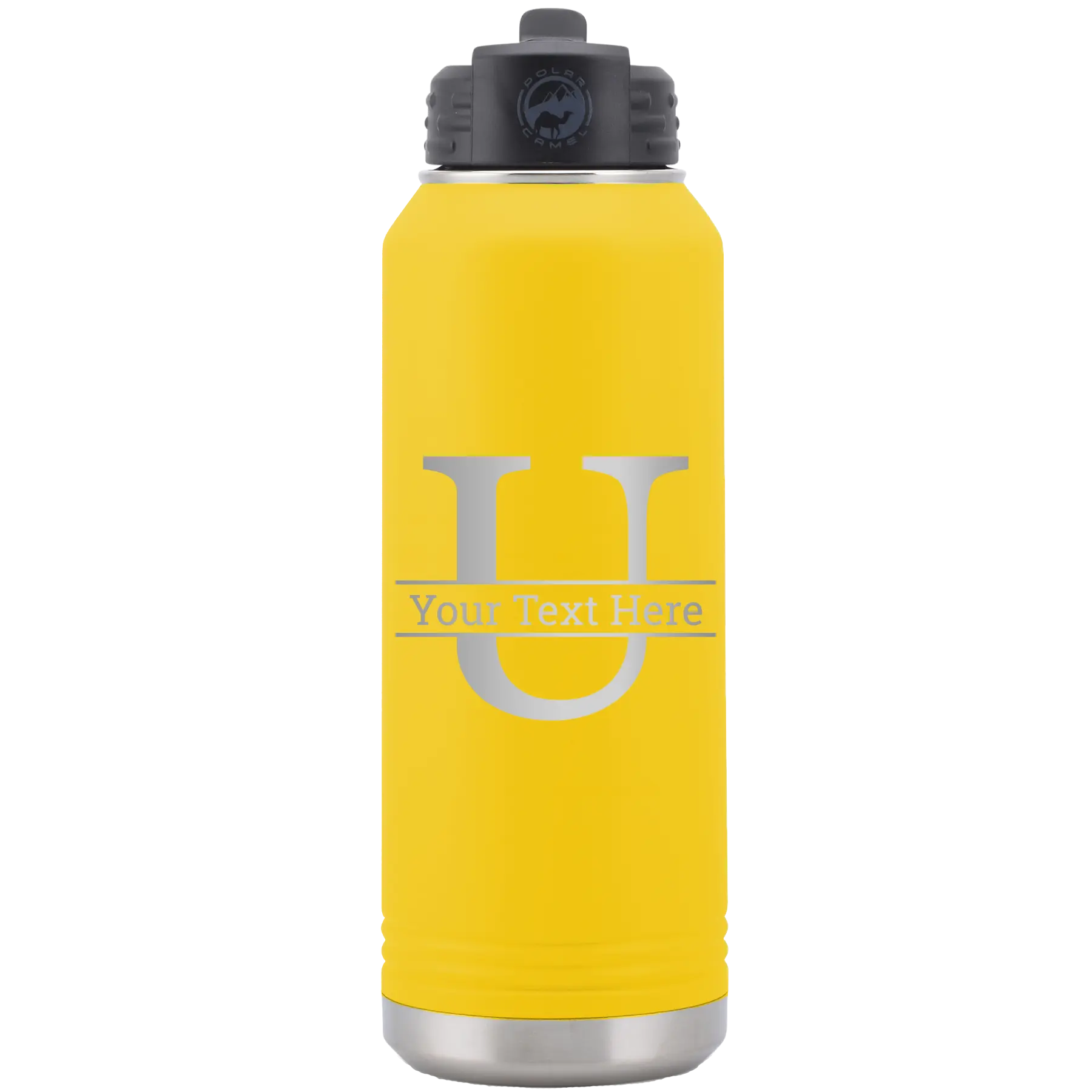 Personalized yellow 32 oz vacuum insulated water bottle with 'Monogram letter U' design