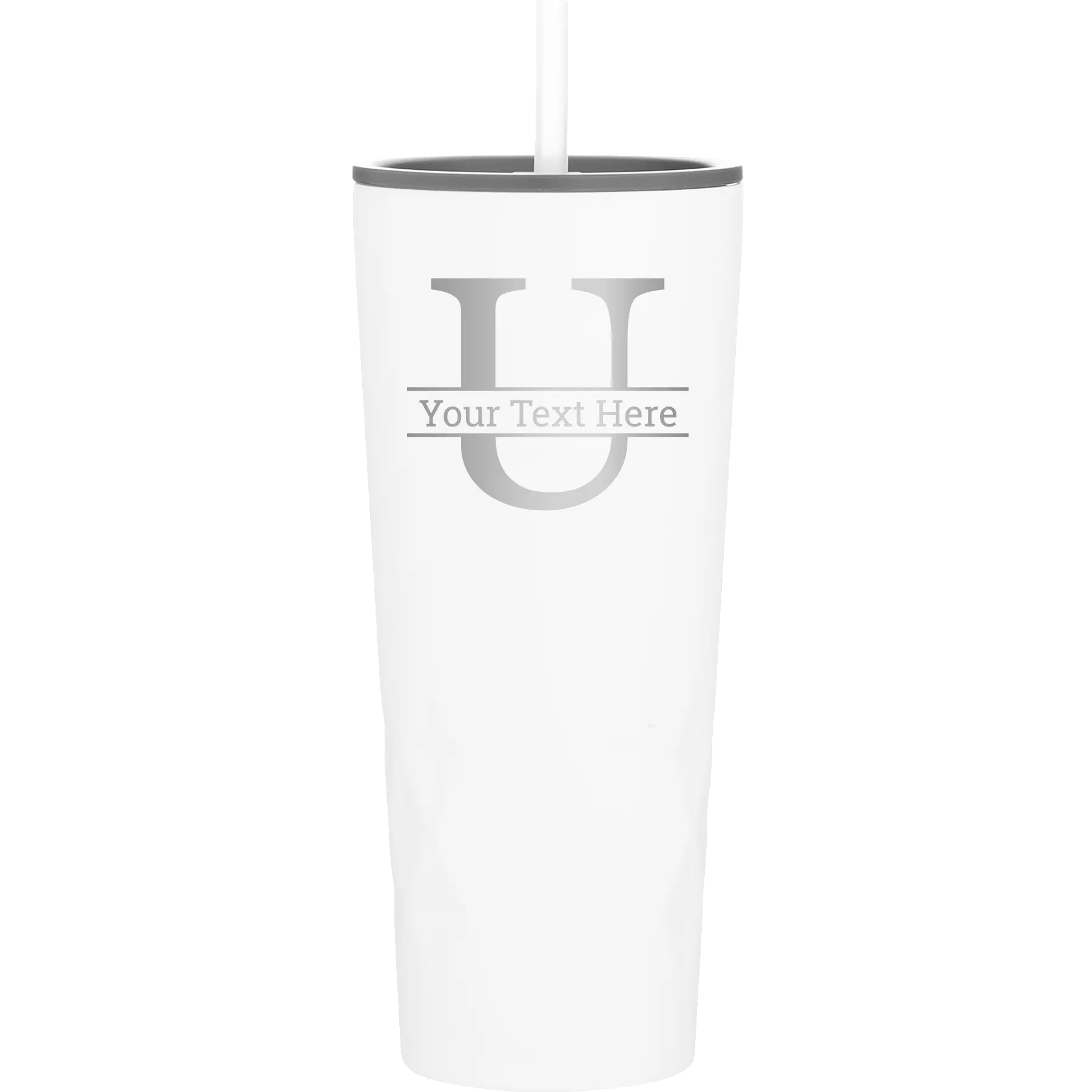 Personalized white 20 oz vacuum insulated tumbler with 'Monogram letter U' design