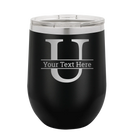 Personalized black 12 oz vacuum insulated wine cup with 'Monogram letter U' design