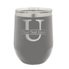 Personalized dark gray 12 oz vacuum insulated wine cup with 'Monogram letter U' design
