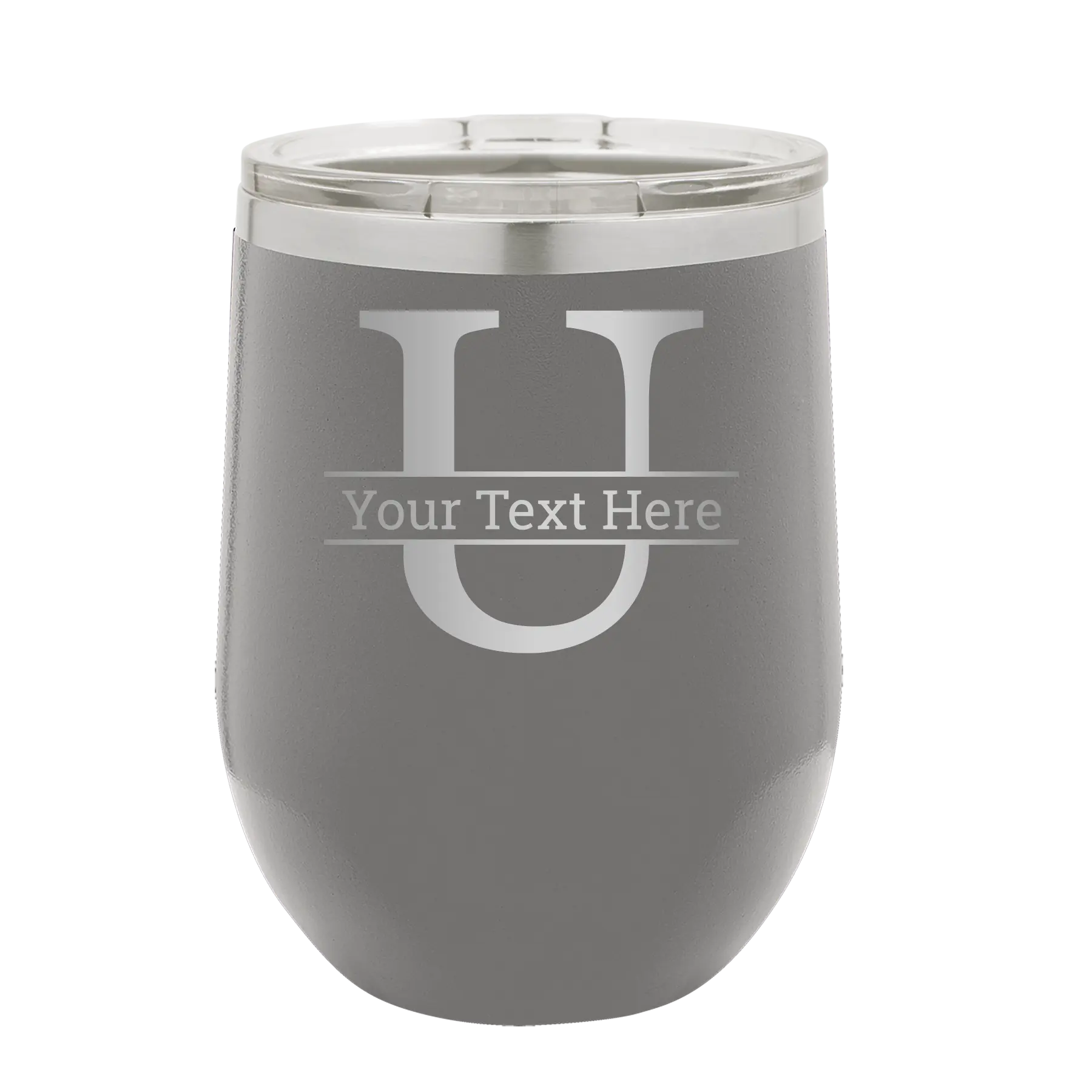 Personalized dark gray 12 oz vacuum insulated wine cup with 'Monogram letter U' design